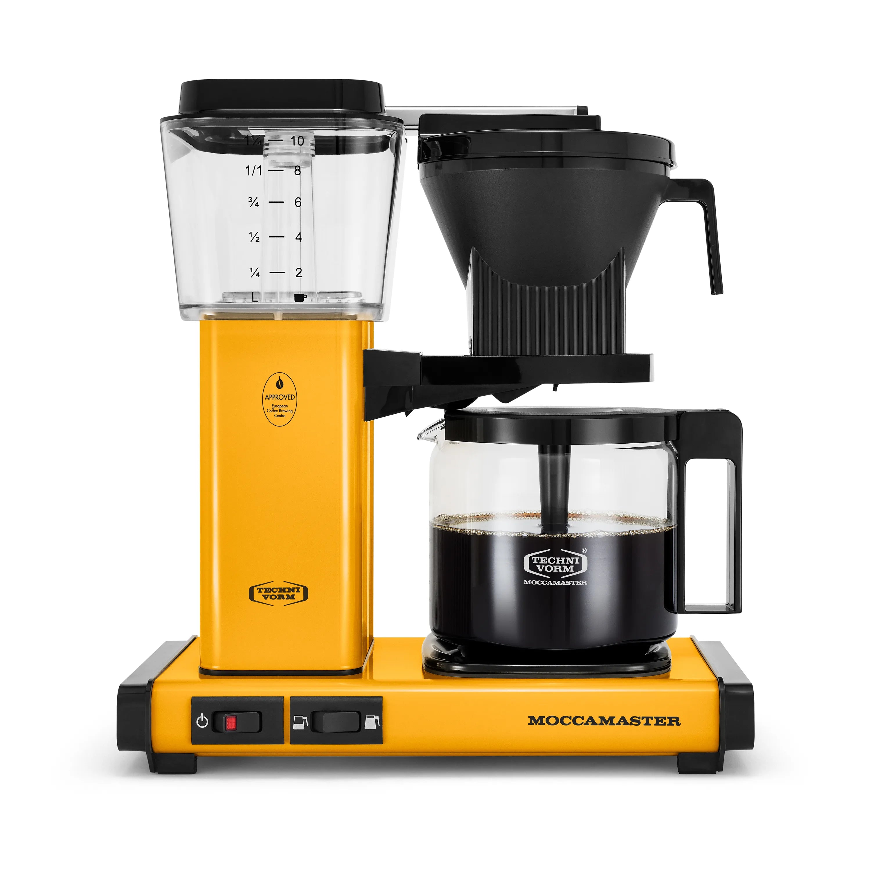 Yellow and black 10-cup coffee maker with glass carafe, volume selector, and drip-stop