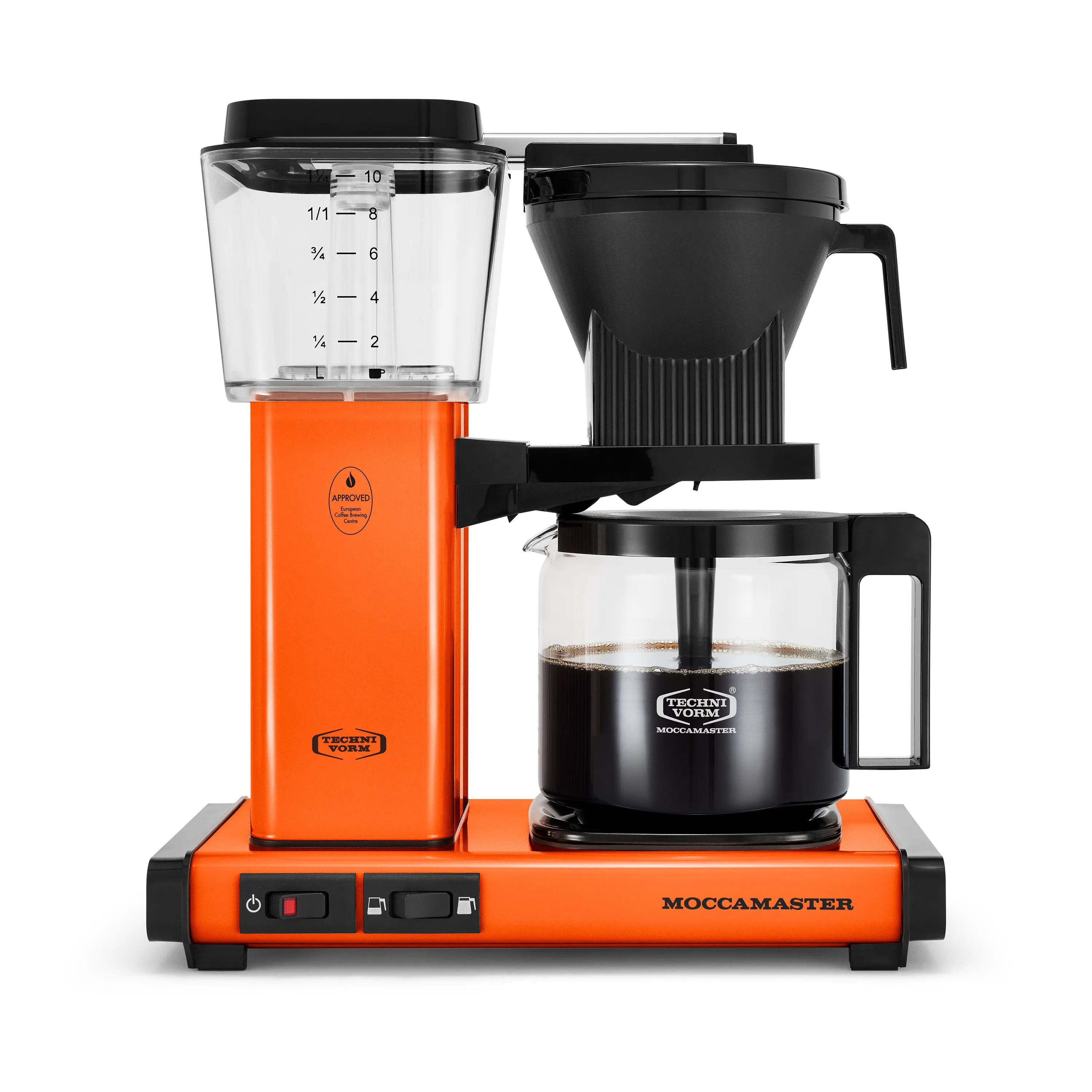 Orange-and-black coffee maker with clear water tank and glass carafe in front view
