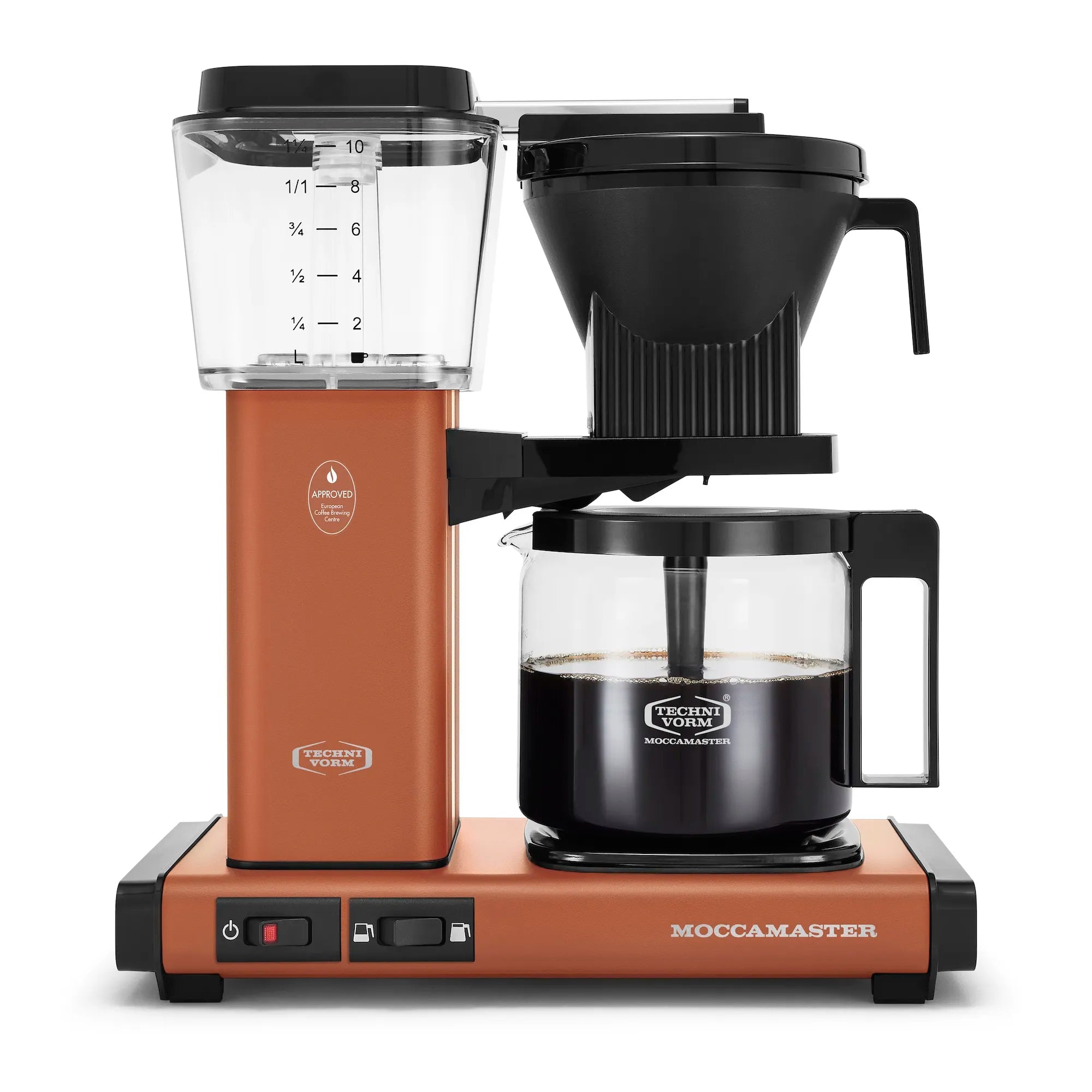 Terracotta drip coffee maker with glass carafe, black housing, volume selector switch
