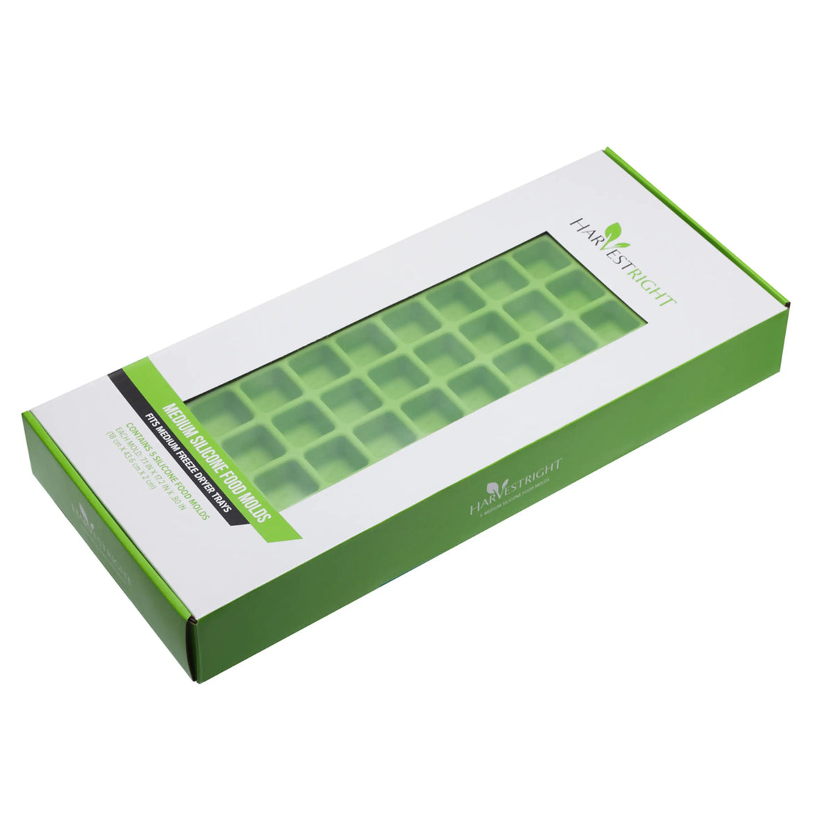 Packaged green silicone food mold tray set in retail box