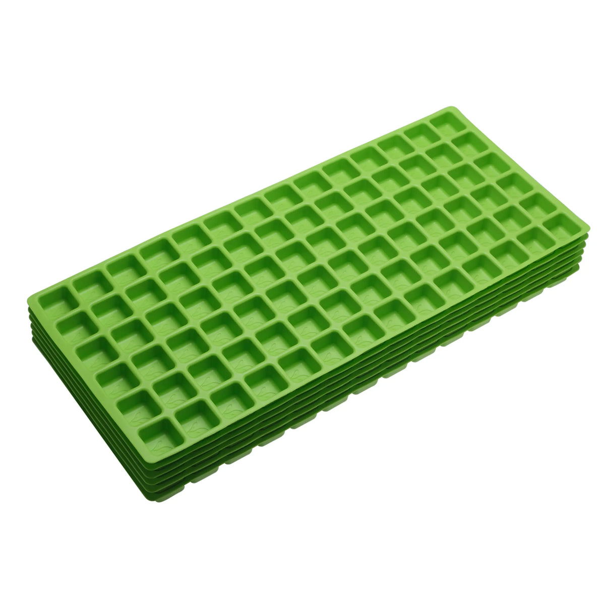 Stack of lime green silicone food mold trays with square-grid cavities