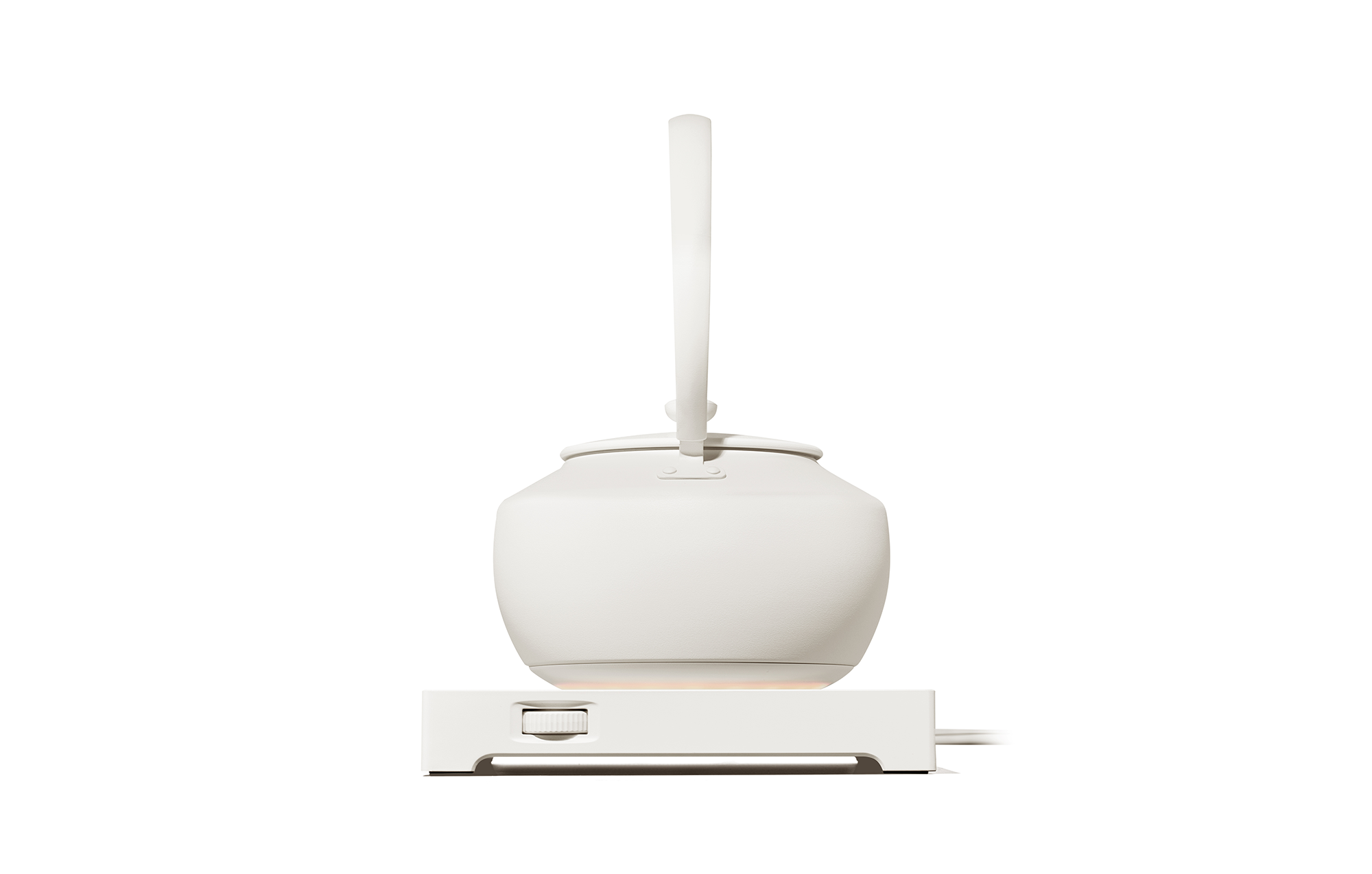 White electric kettle with vertical LED light bar and countertop base.
