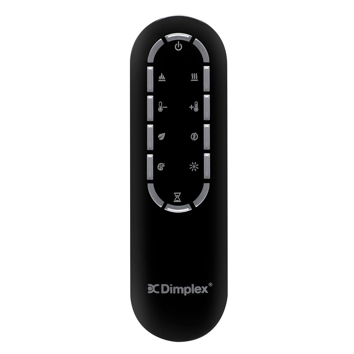 Black oval remote control with Dimplex touch icons and button controls