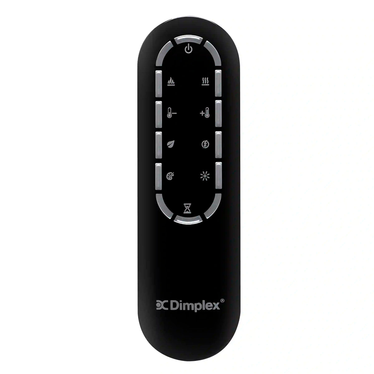 Black Dimplex remote control with circular button panel for electric fireplace functions