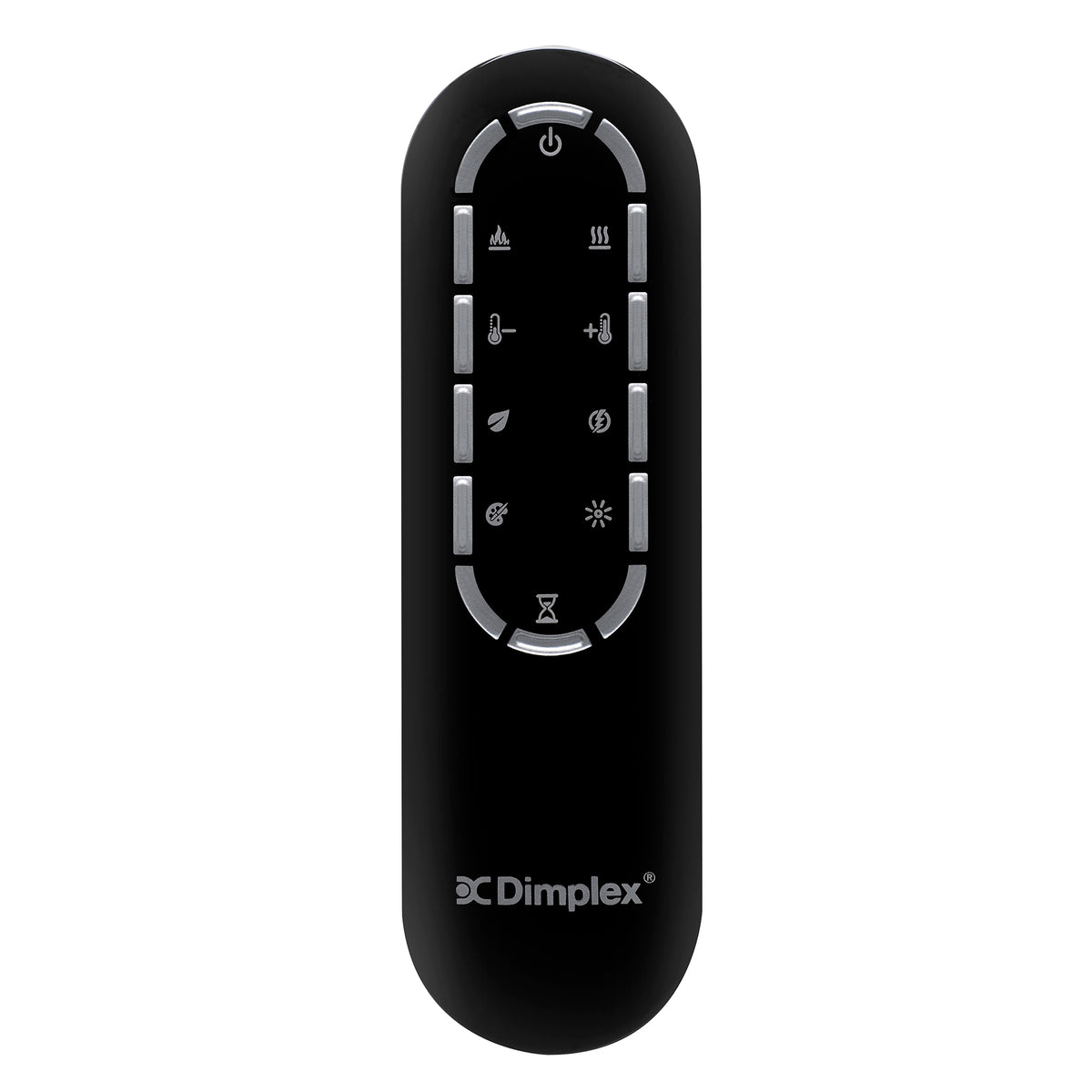 Black Dimplex remote control with button icons for linear fireplace settings