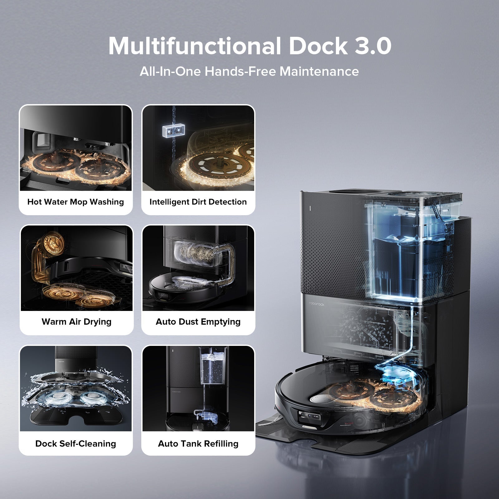 Self-cleaning robot dock with water tank and docked vacuum for hands-free maintenance
