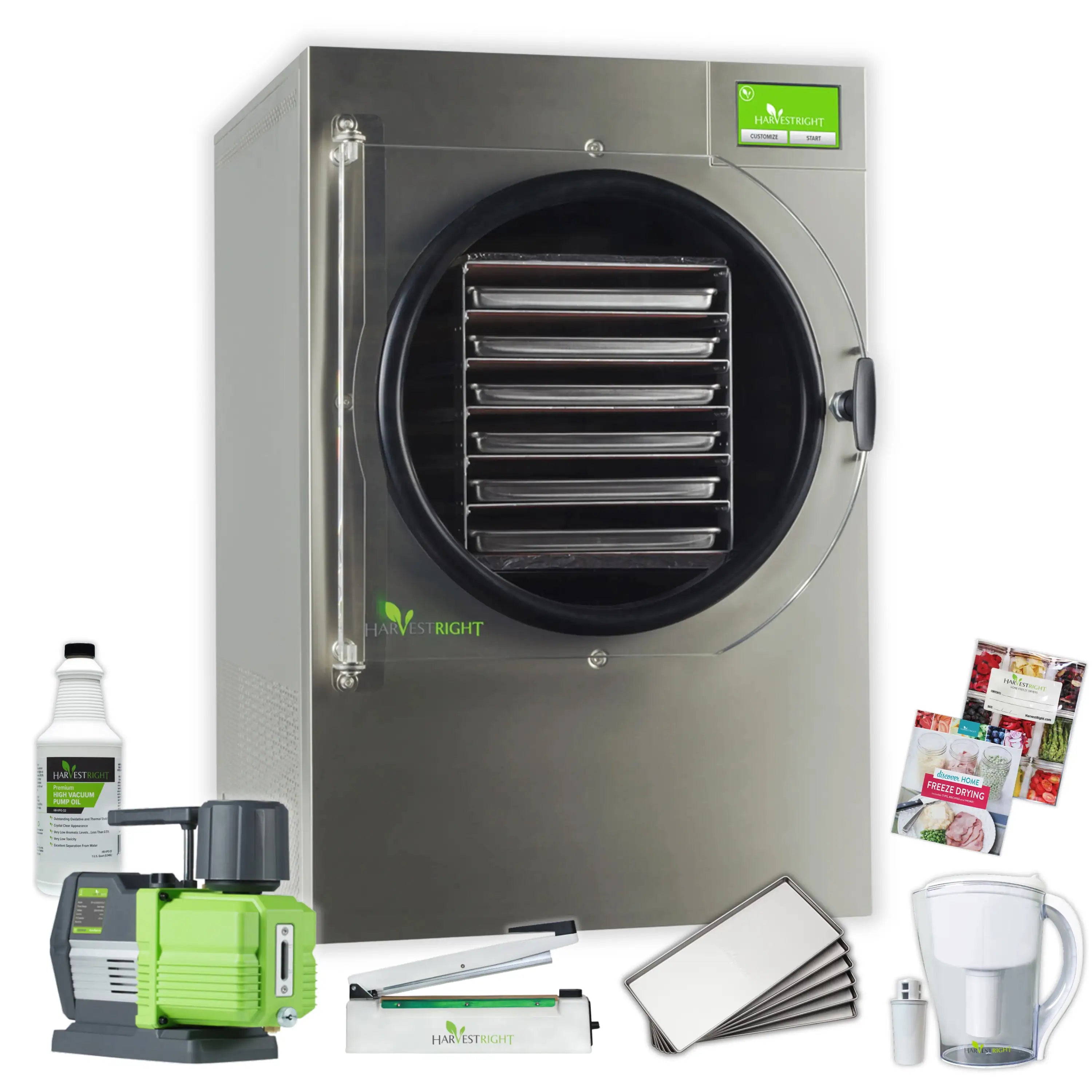 Stainless steel freeze dryer with round chamber door, vacuum pump, and accessory containers.