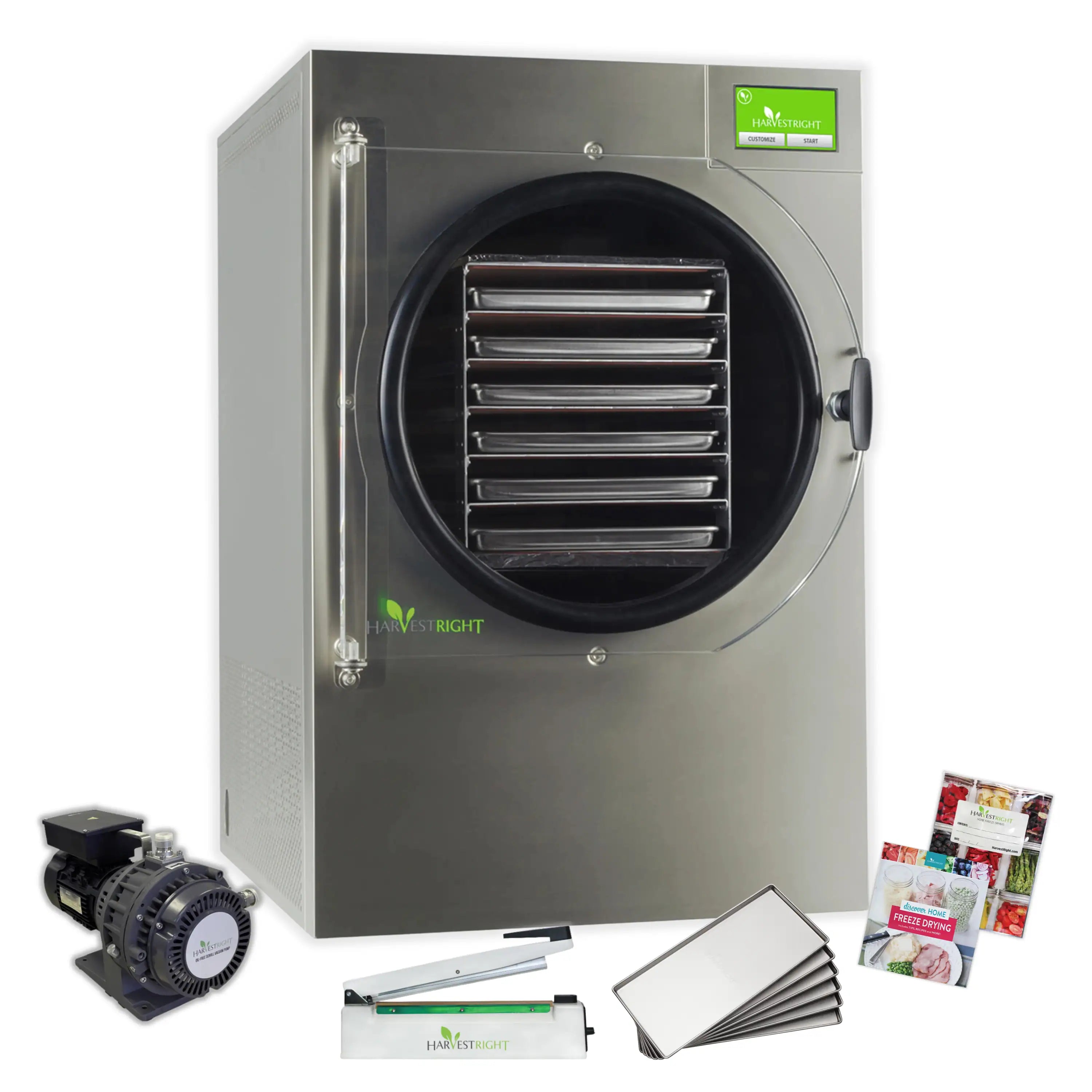 Stainless steel home freeze dryer with round chamber, included pump, trays, and Mylar bags