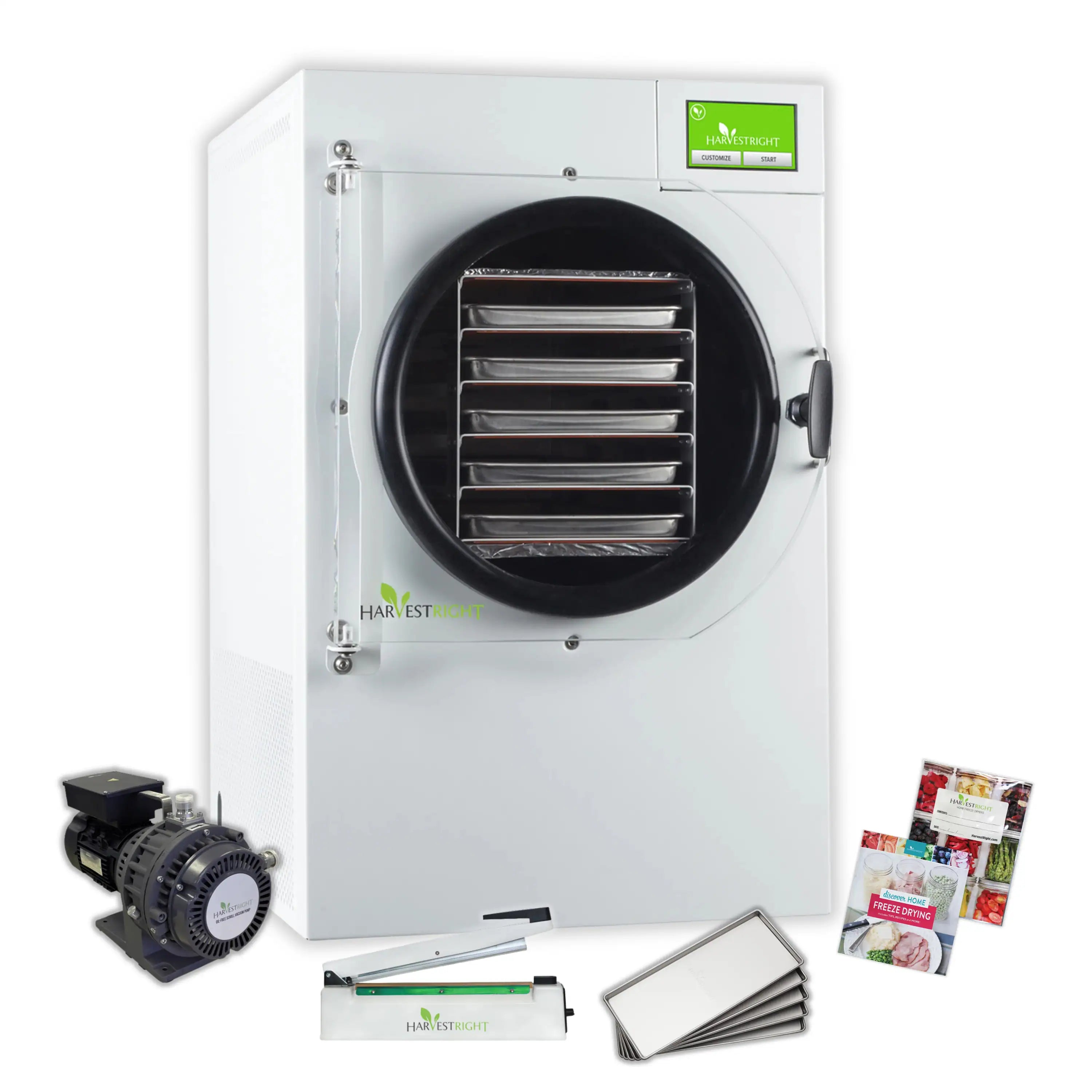 White freeze dryer unit with circular chamber, included trays, sealer, and mylar bags