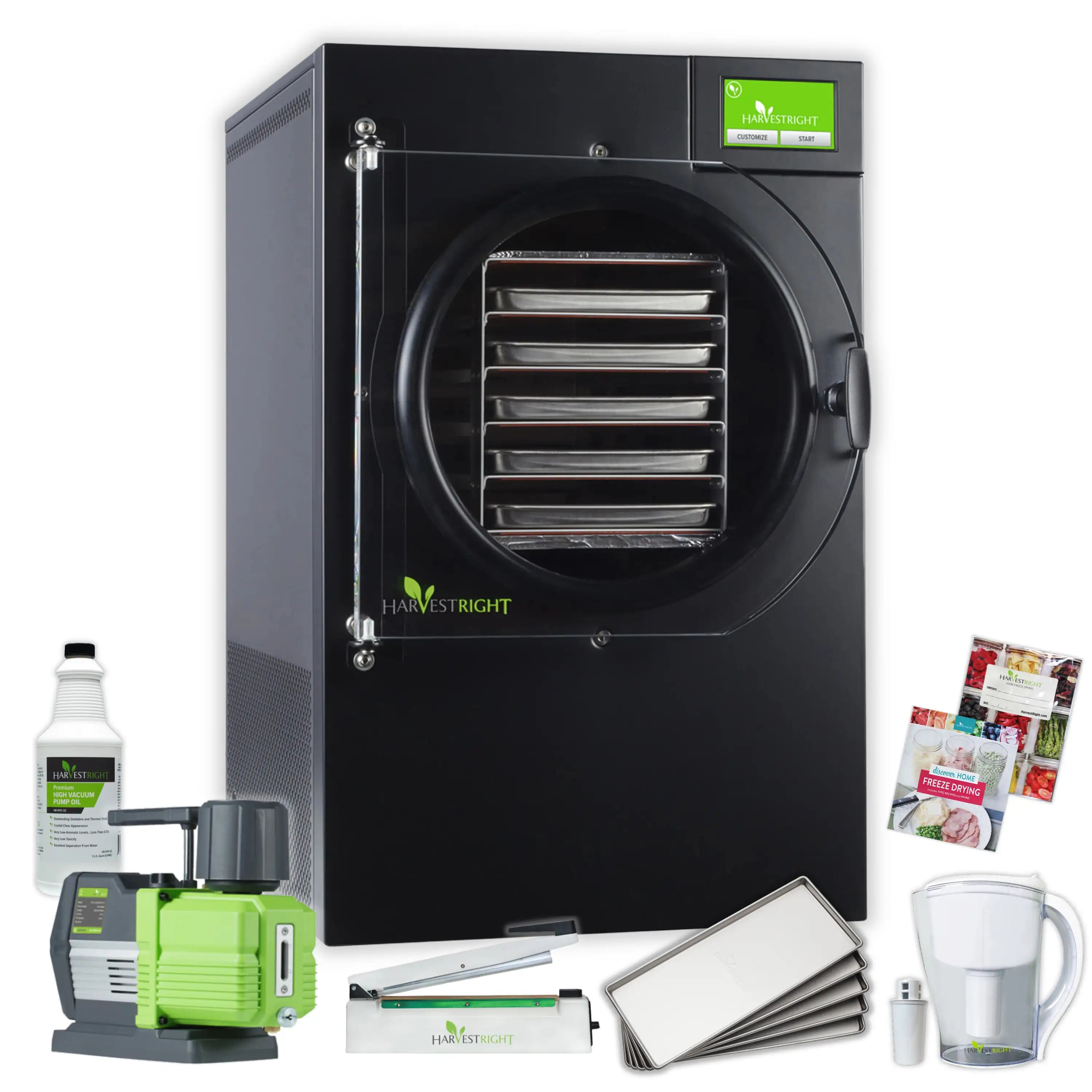 Black Harvest Right freeze dryer with vacuum pump, trays, Mylar bags, and sealer