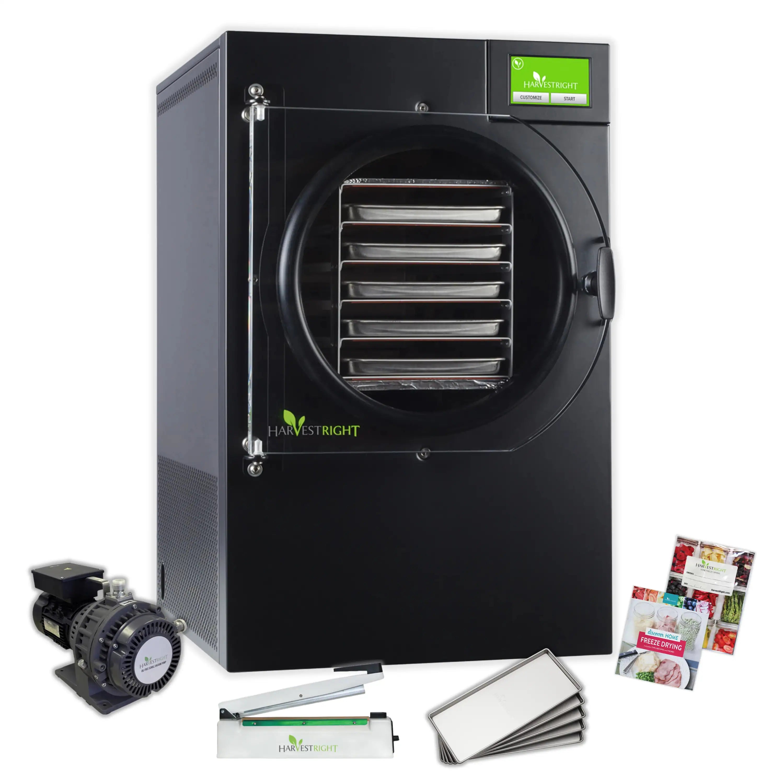 Black home freeze dryer with 5 tray chamber, oil-free pump, sealer and mylar bags
