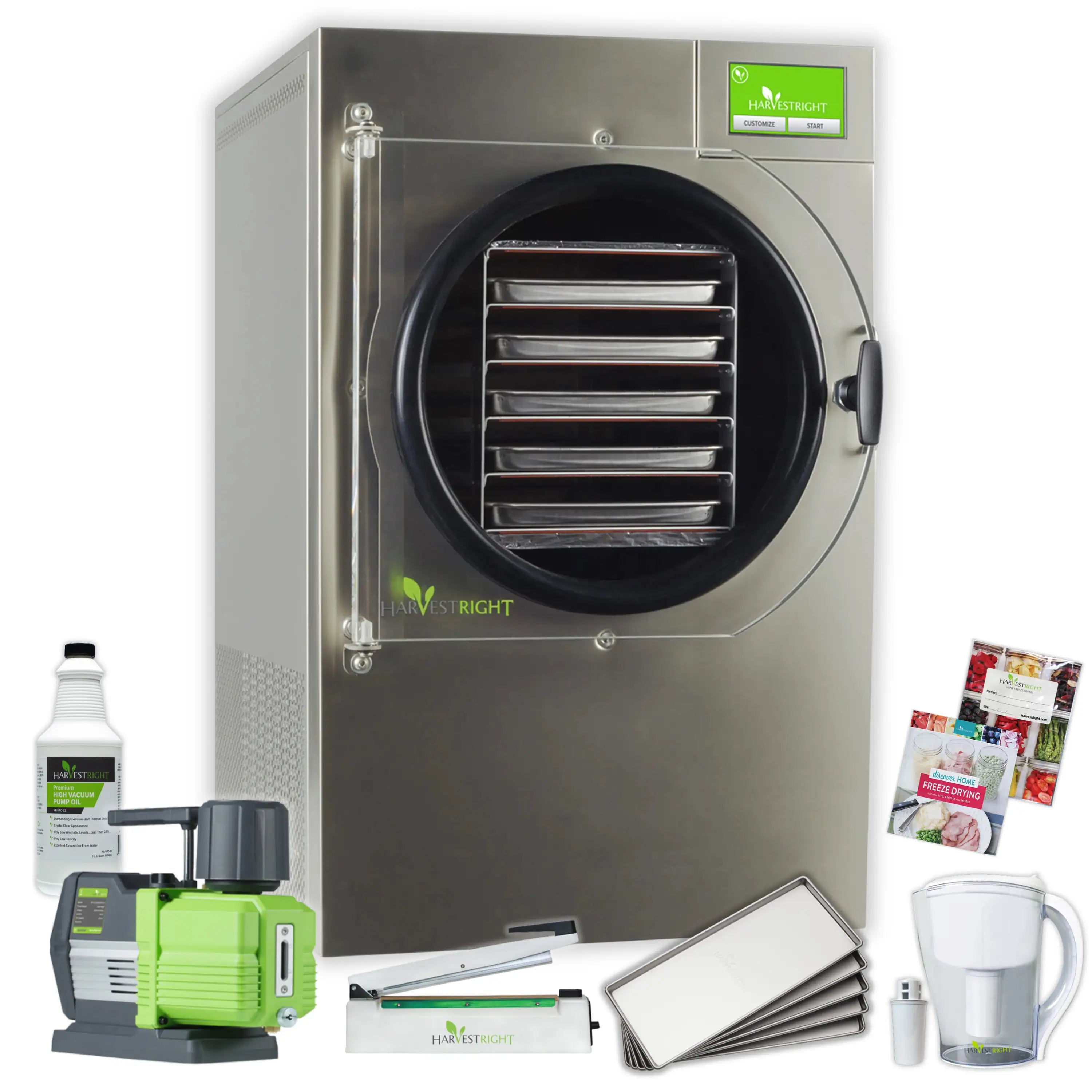 Stainless steel Harvest Right freeze dryer with included accessories and trays