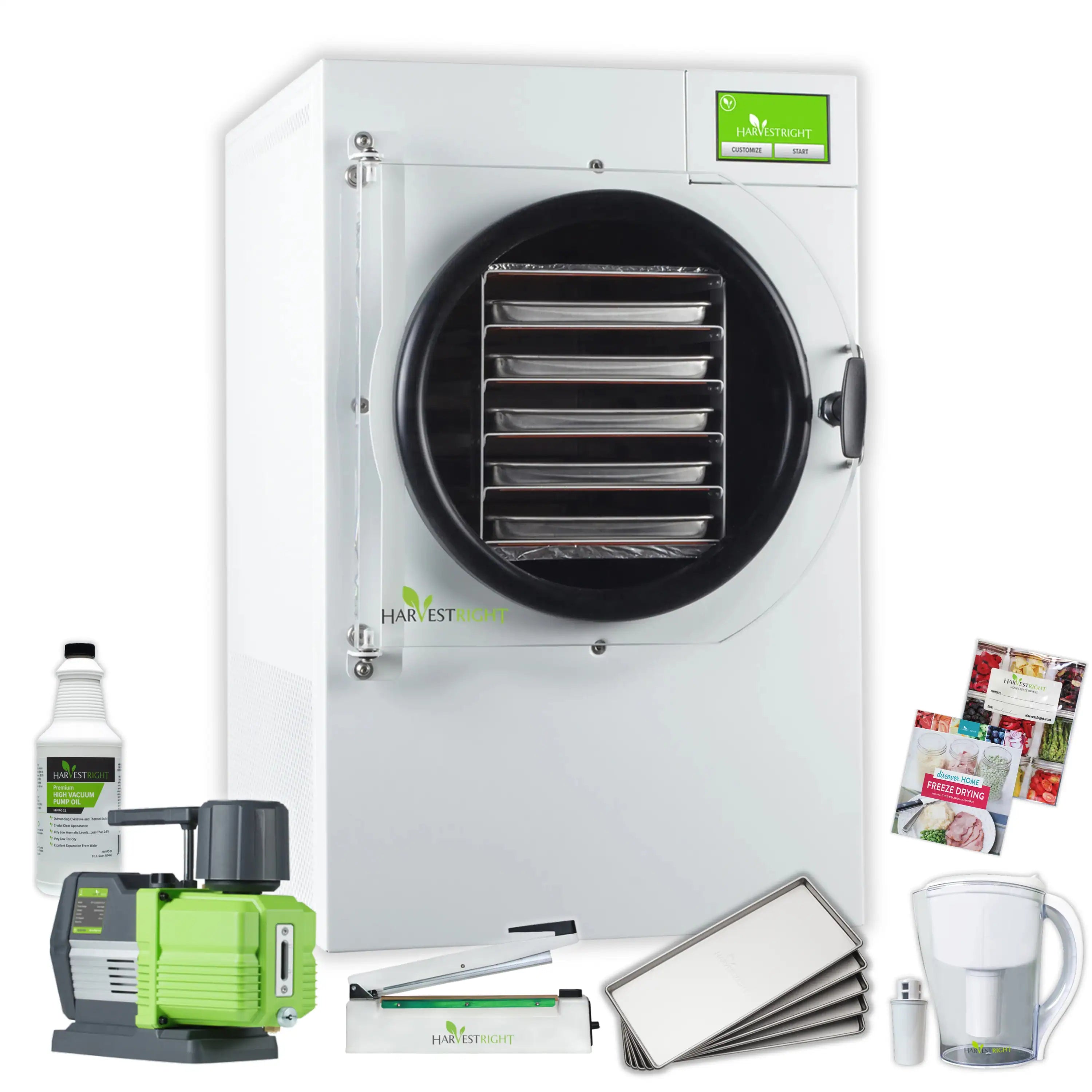 White freeze dryer with front door, plus included pump, bags, and trays