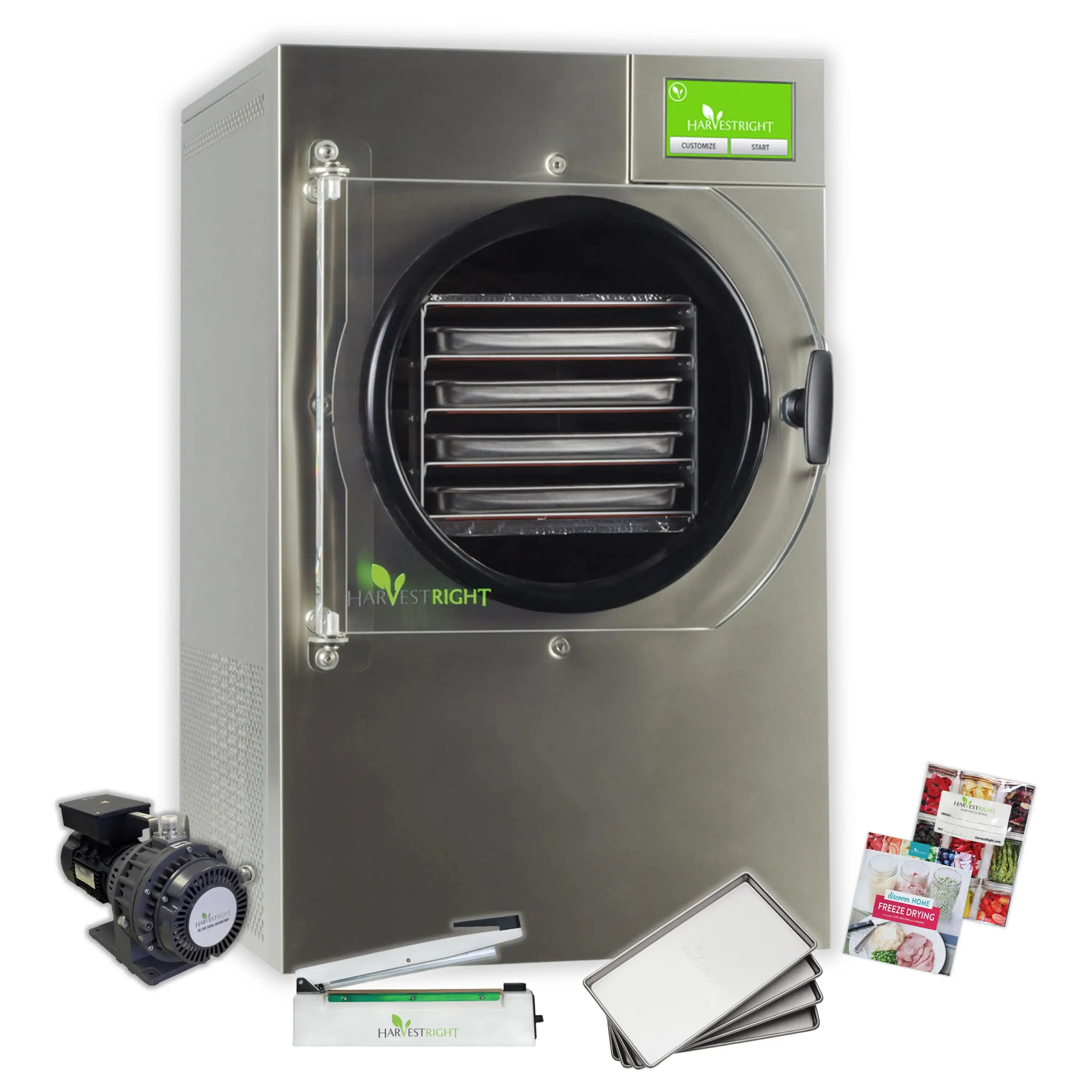 Compact stainless steel freeze dryer with pump, trays, sealer, and mylar bags