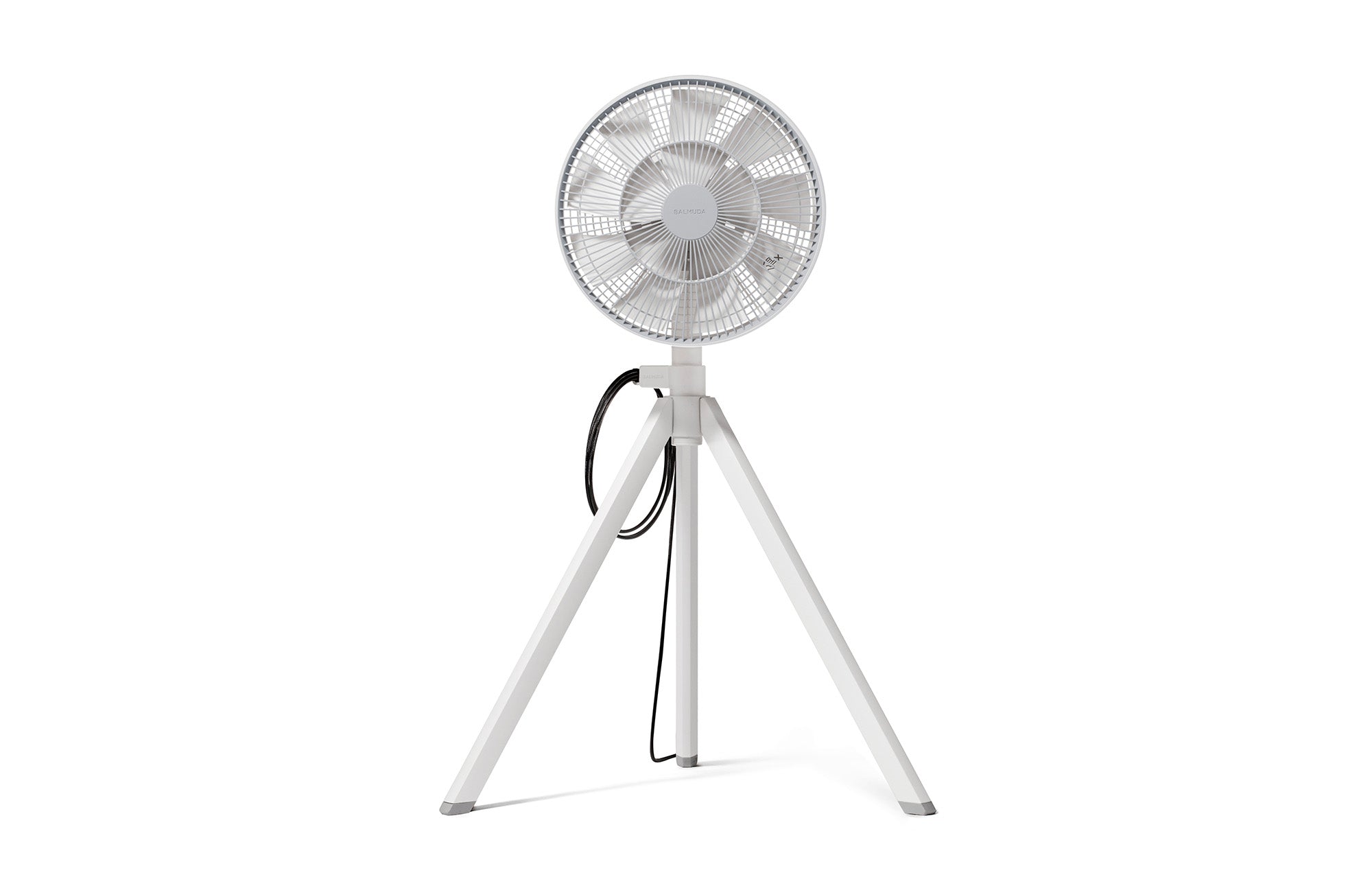 White 12-inch portable fan with circular grille on tripod stand