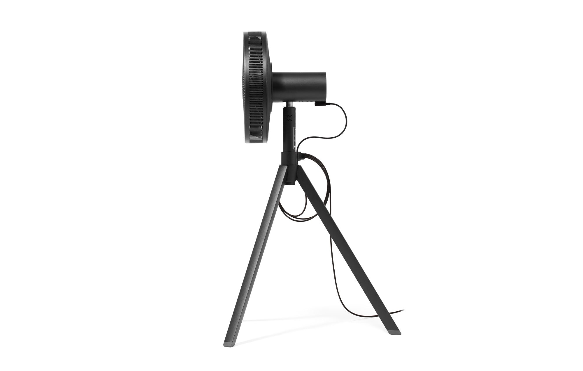 Black 12-inch portable fan side view on tripod with power cord