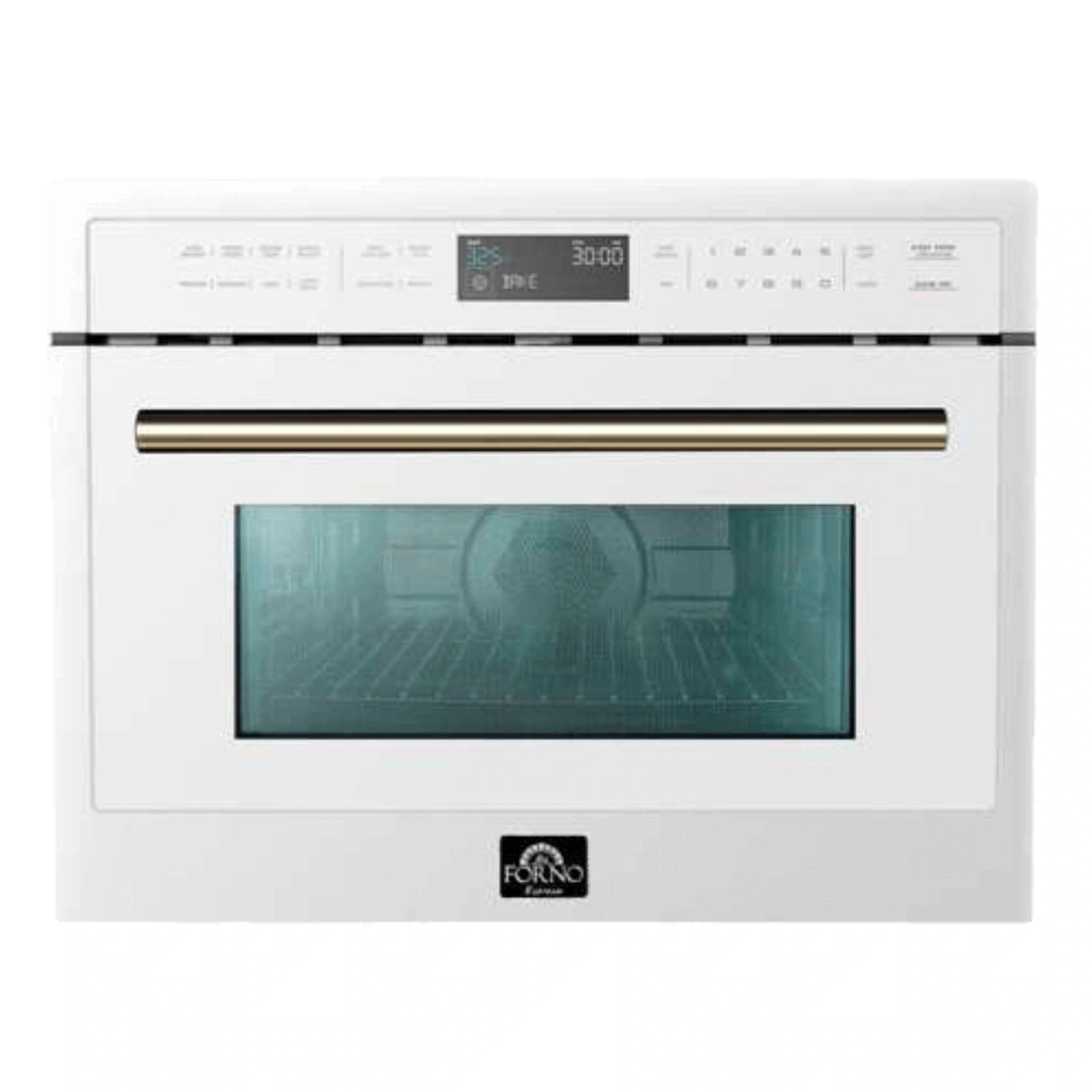 24-inch white microwave oven with antique brass trim, glass door window and control panel