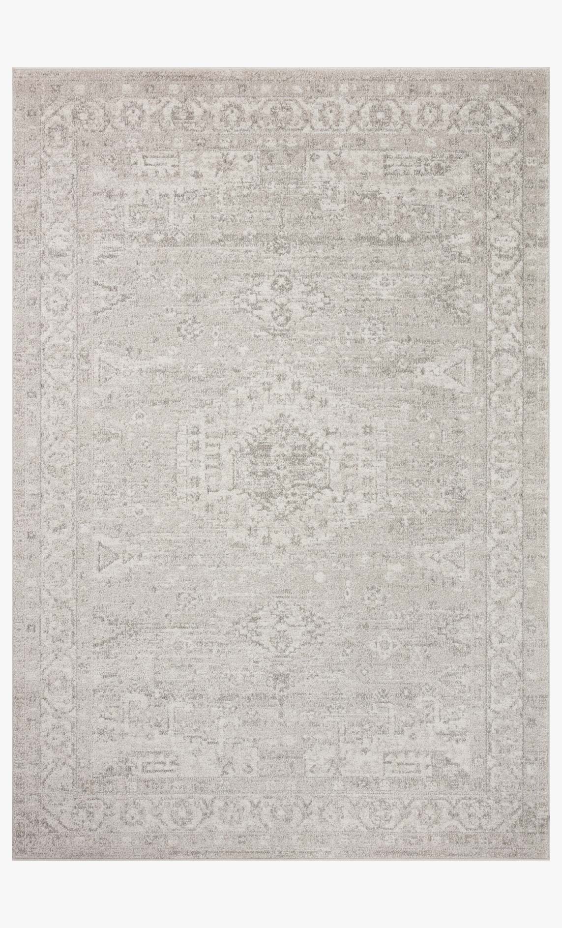 Traditional silver and ivory area rug with faded ornate border and distressed central motif
