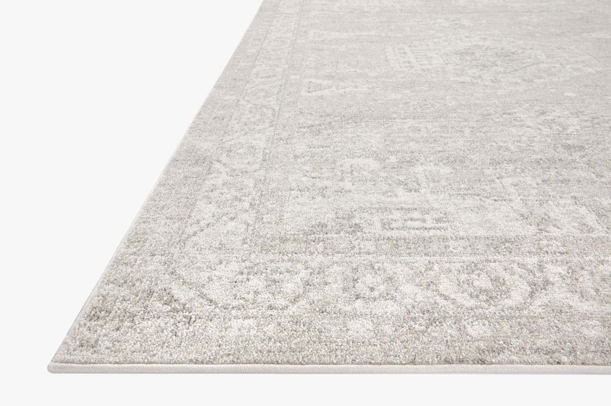 Area rug with light silver and ivory distressed traditional pattern, flat weave look