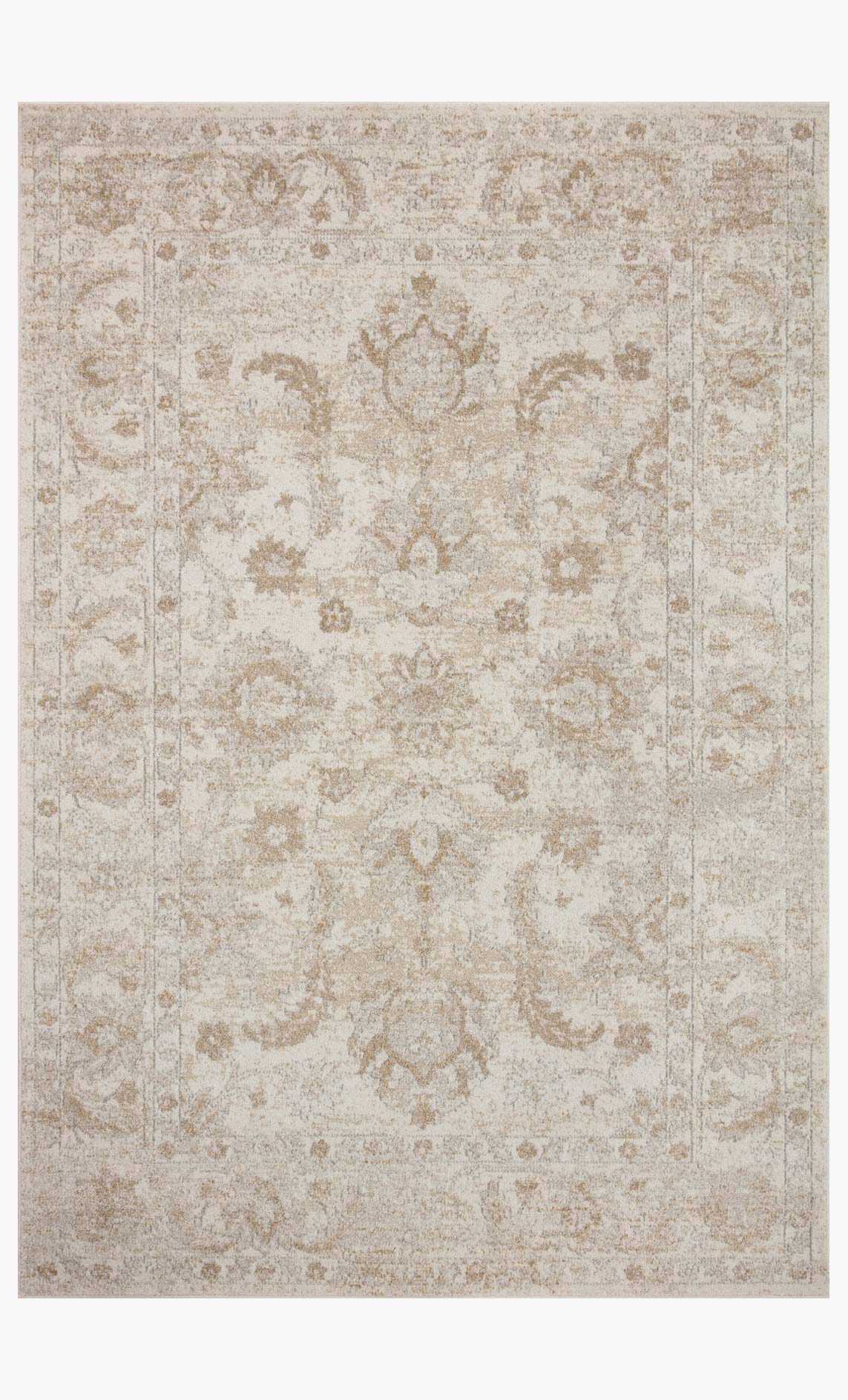 Traditional ivory and beige area rug with ornate distressed medallion design