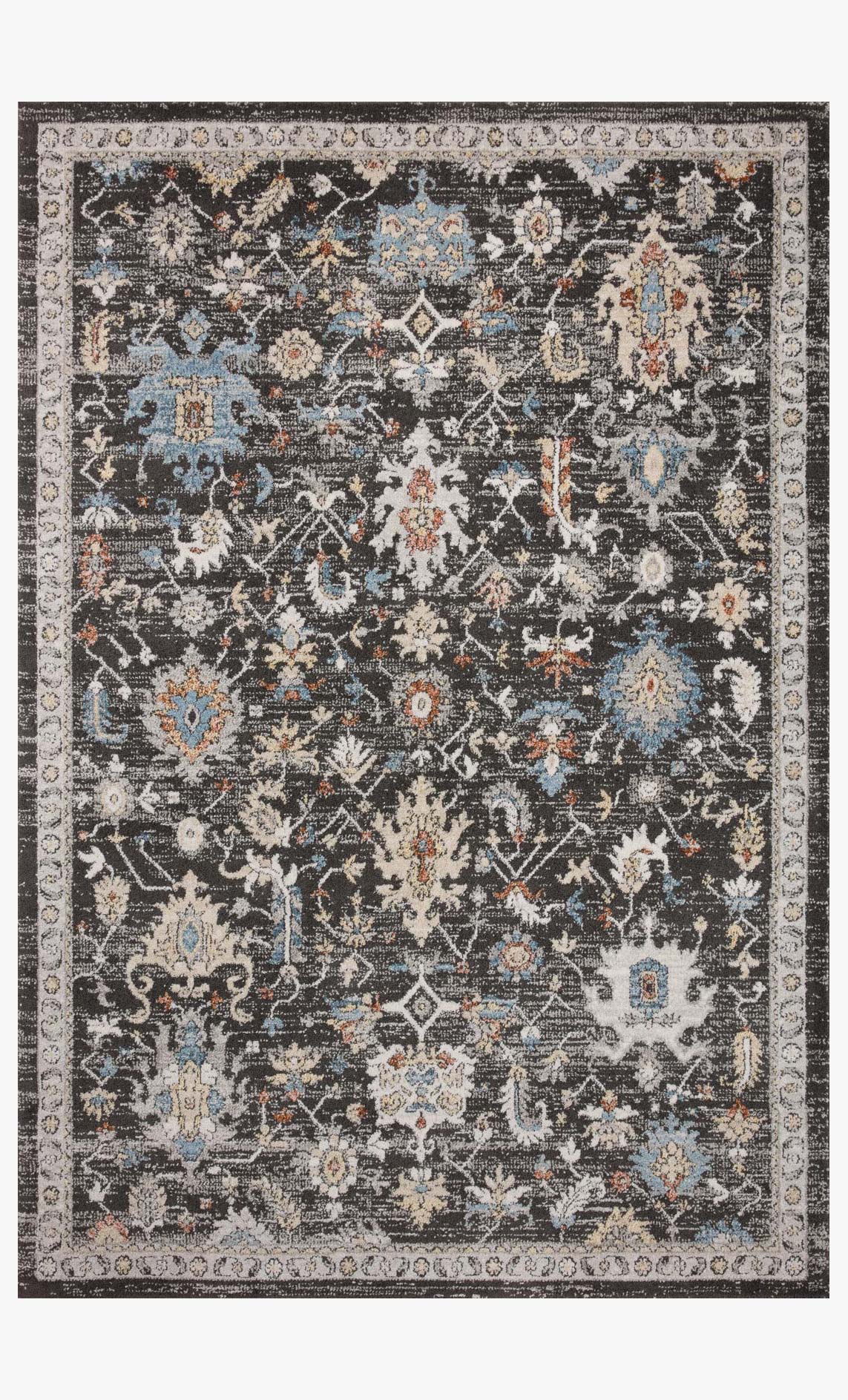 Full view of charcoal traditional round area rug with multicolor distressed pattern and border