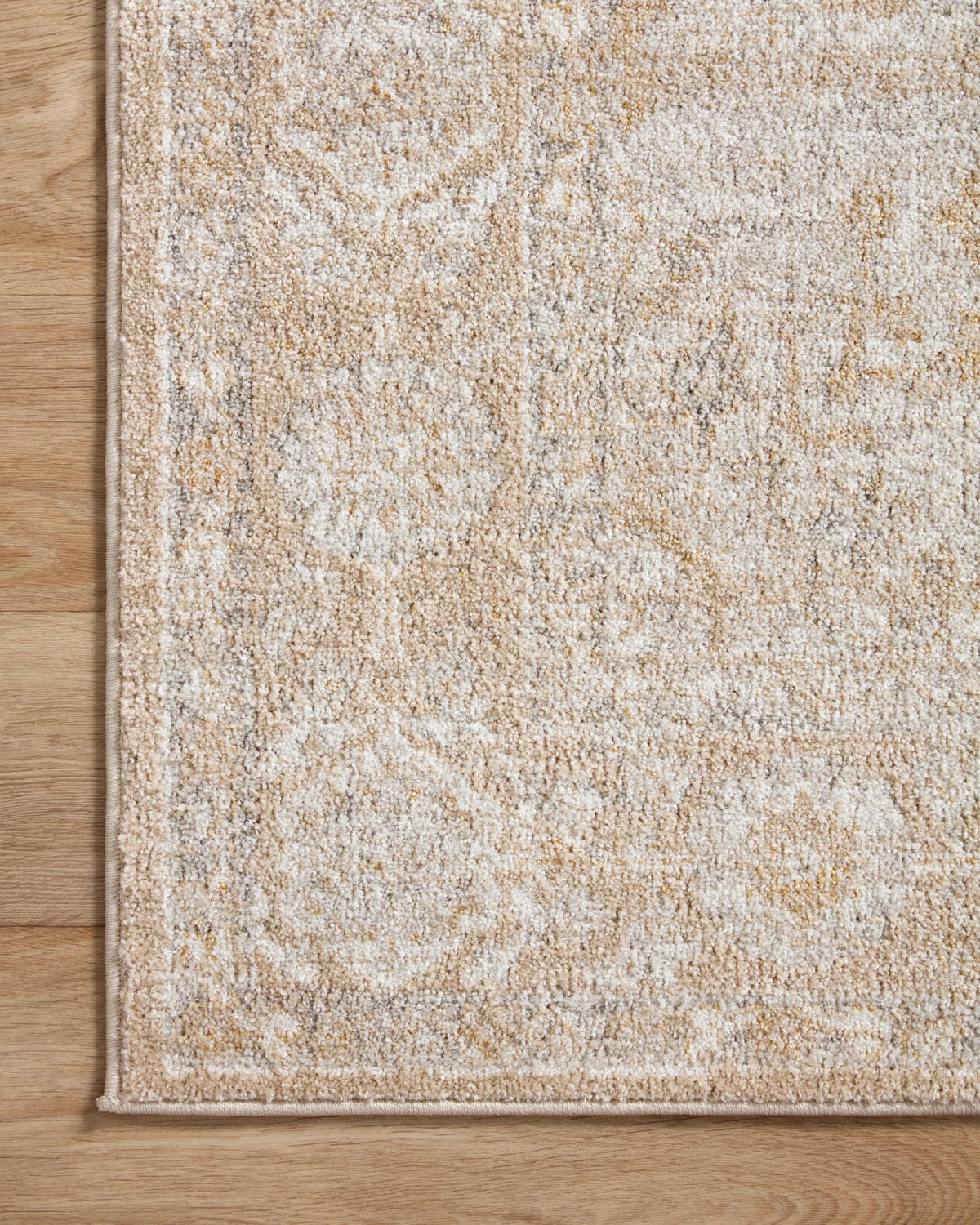 Traditional beige and silver area rug with geometric border and distressed pattern