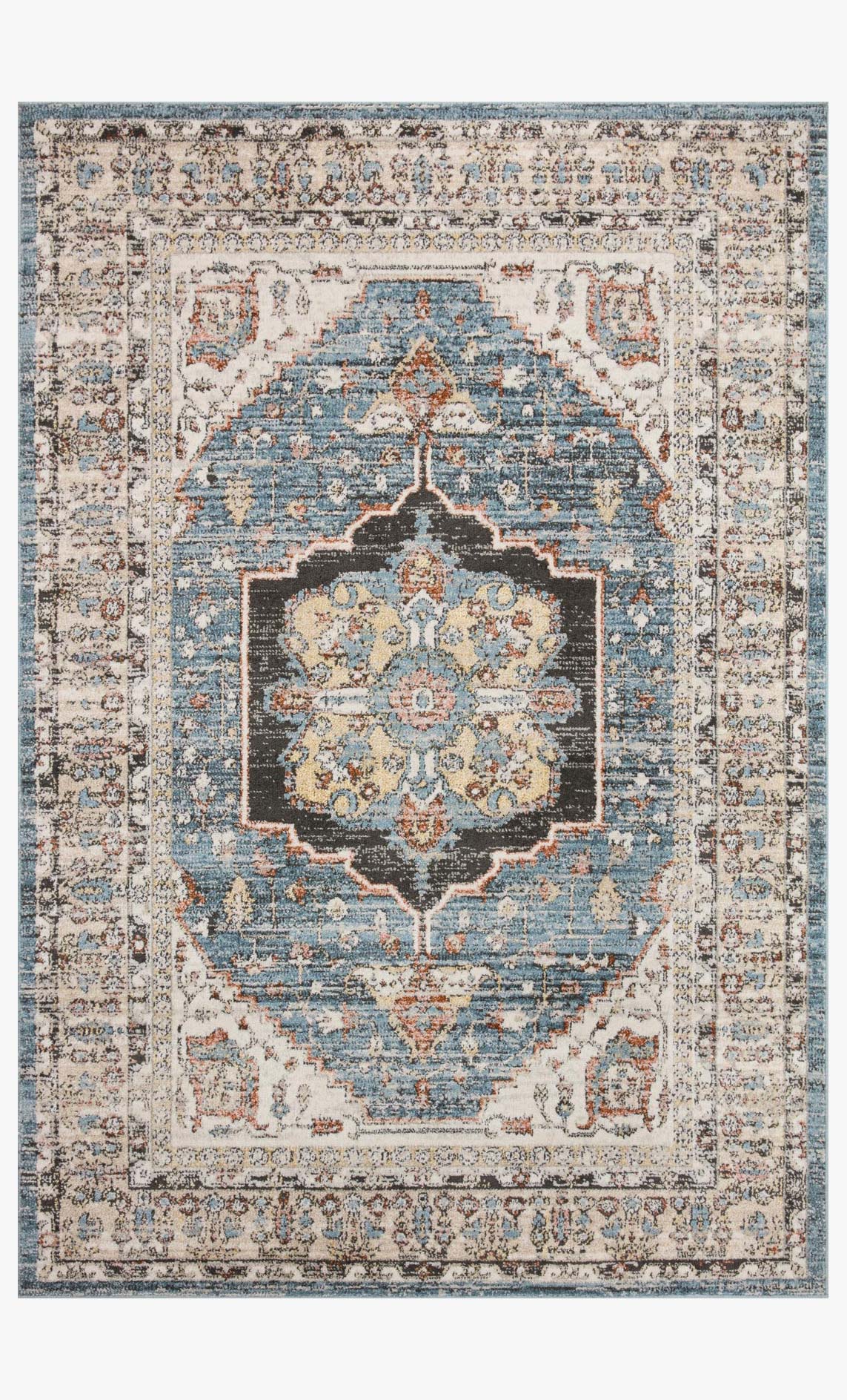 Traditional area rug front view with blue central medallion and cream border with red accents