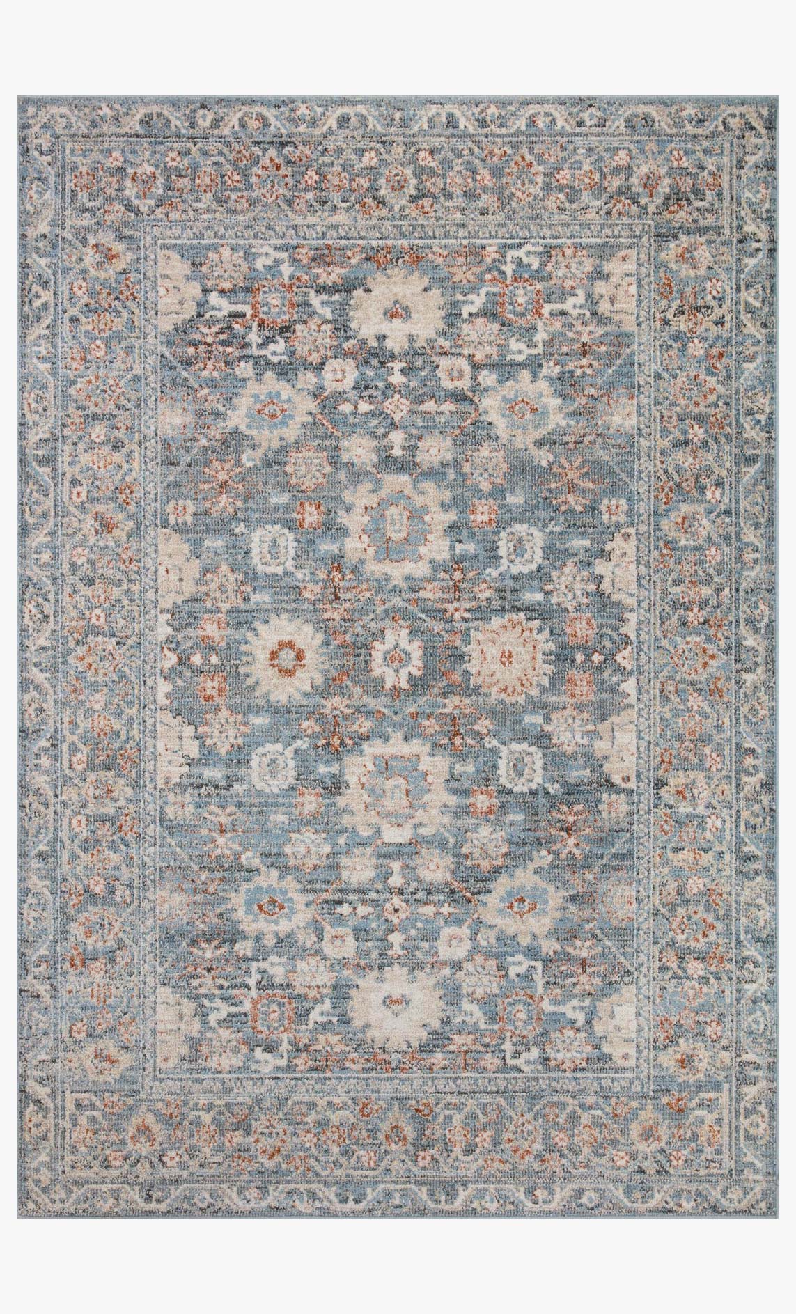 Sky and rust traditional rug with distressed medallion design and ornate border