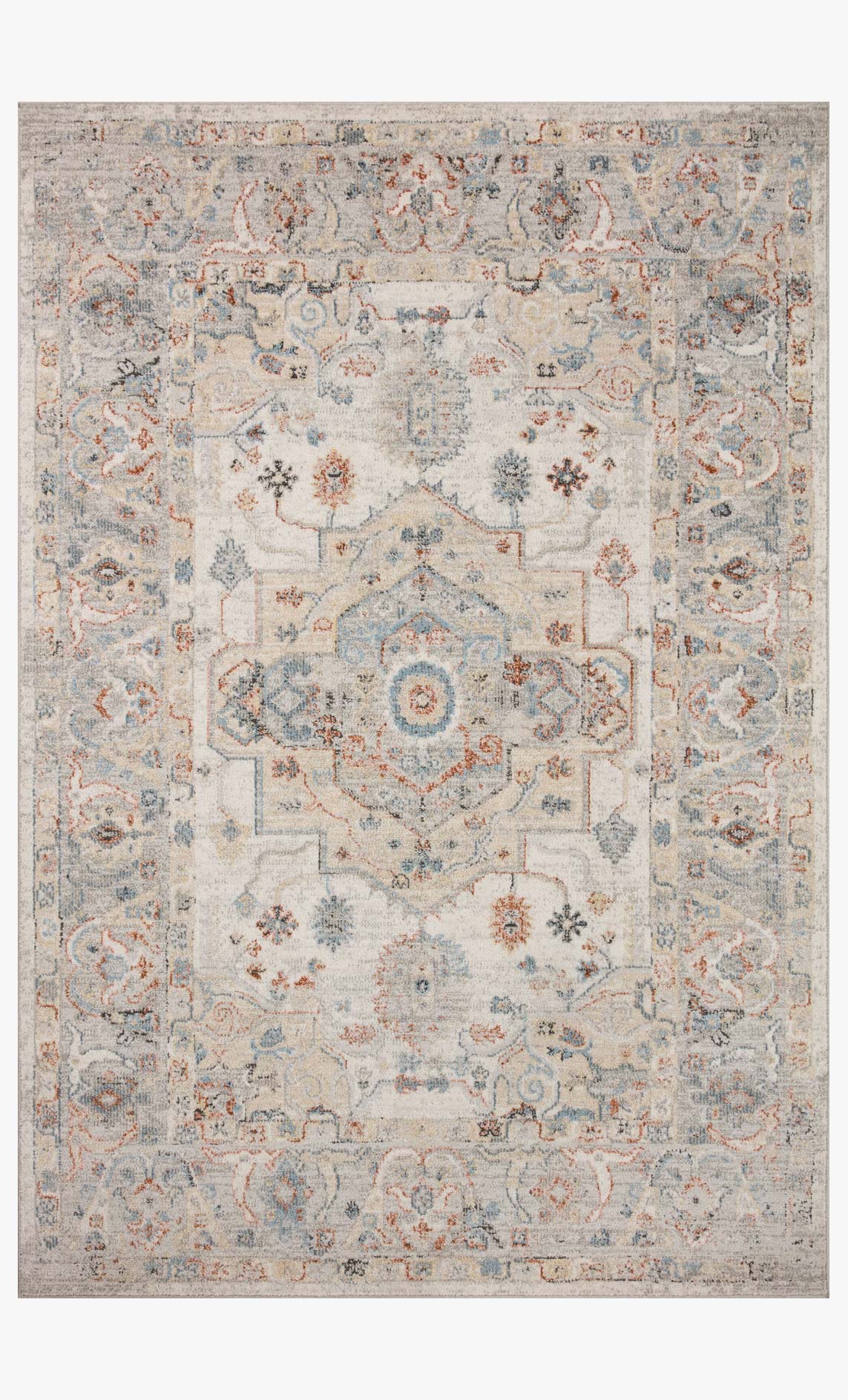 Ivory traditional runner rug with central medallion and faded blue and orange details.