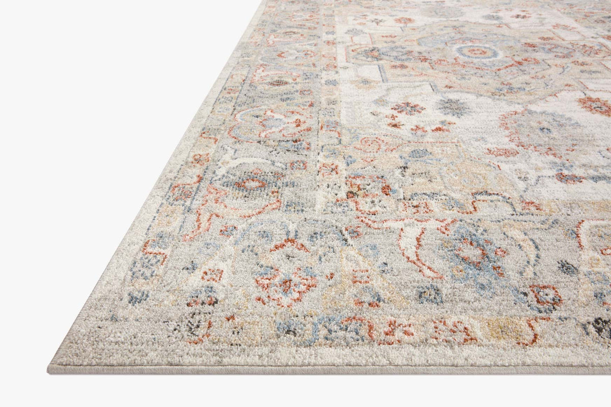 Ivory traditional area rug with ornate distressed blue and orange medallion pattern