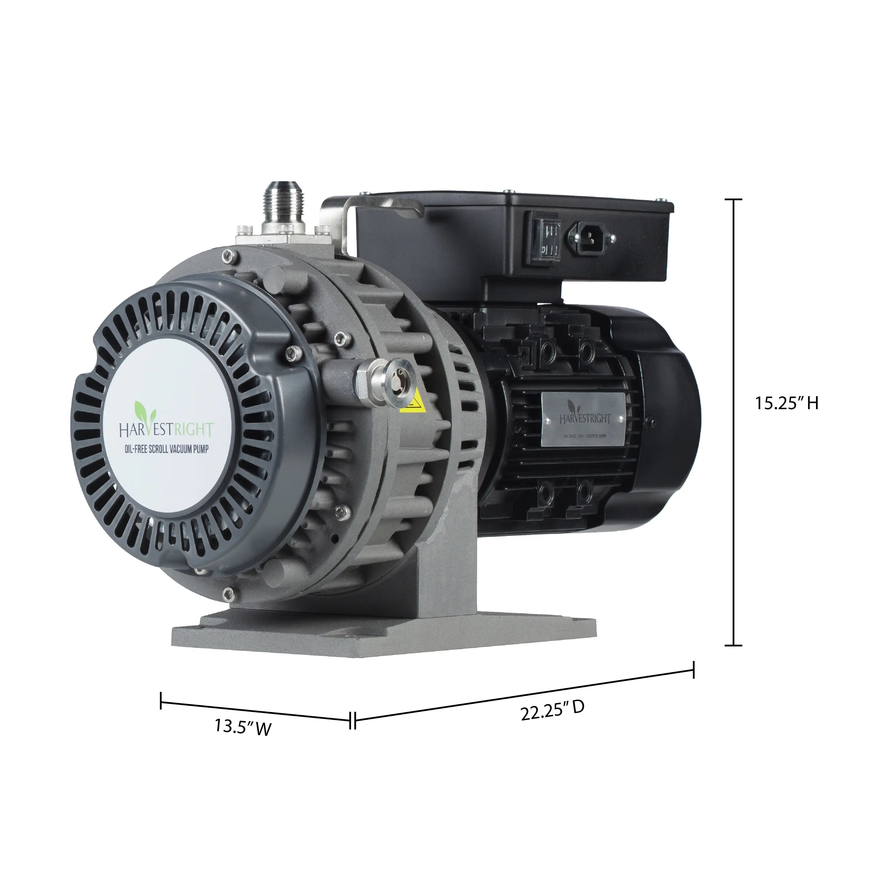 Oil-free vacuum pump with mounting base; dimensions marked in the image
