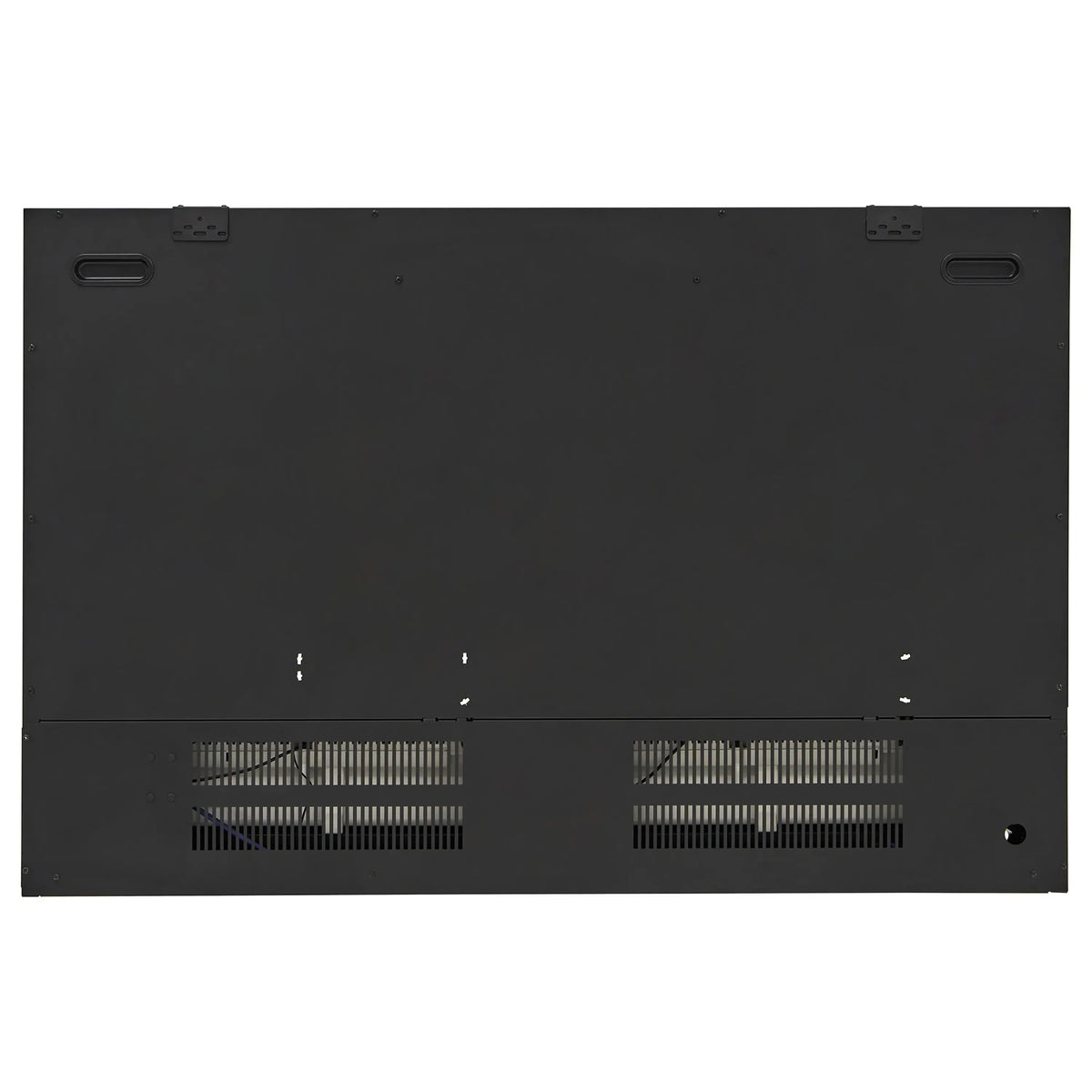 Back of black linear electric fireplace with ventilation grilles and mounting points