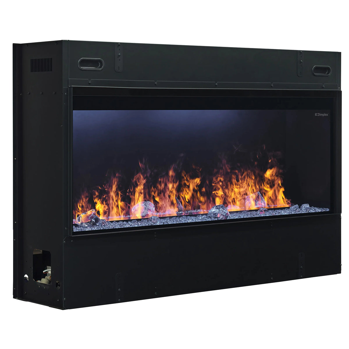 Black linear water vapor fireplace with orange flame effect and blue acrylic ice along bottom