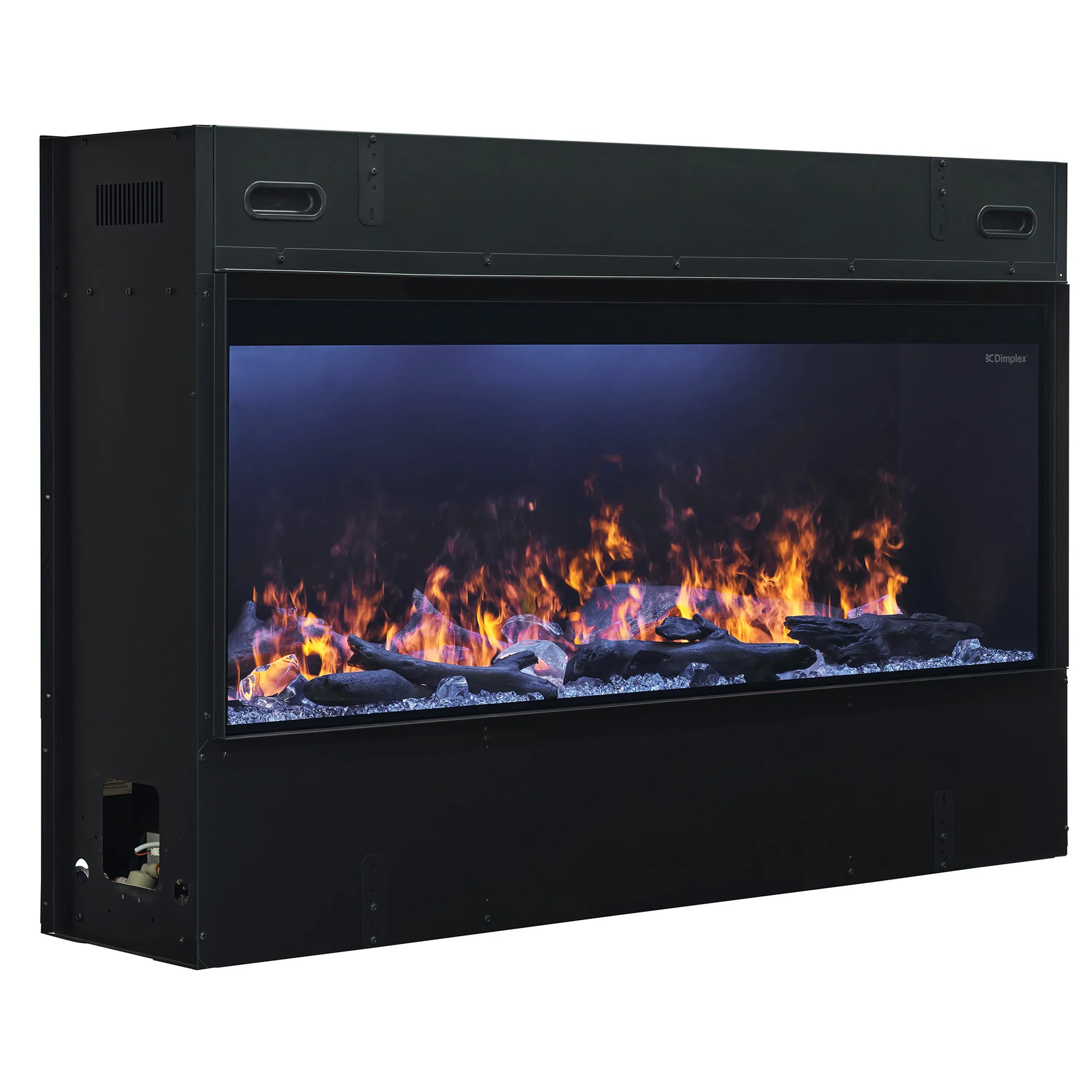 Black 46-inch linear electric fireplace with acrylic ice and driftwood log-style media
