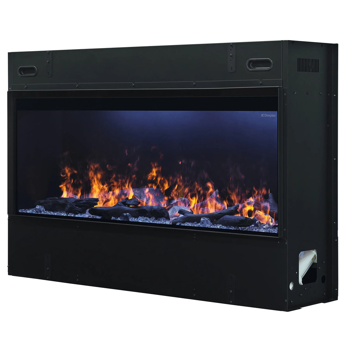 Black linear electric fireplace showing flame effect over dark ice and logs inside