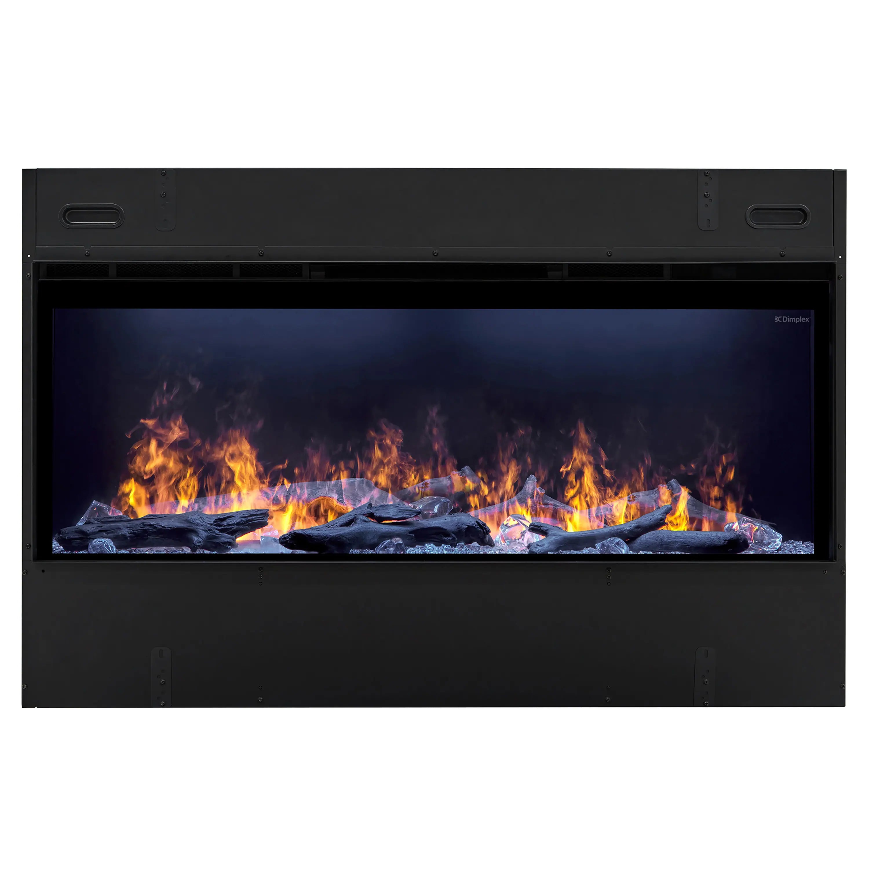 Centered view of a black linear electric fireplace with bright orange flames and ice bed