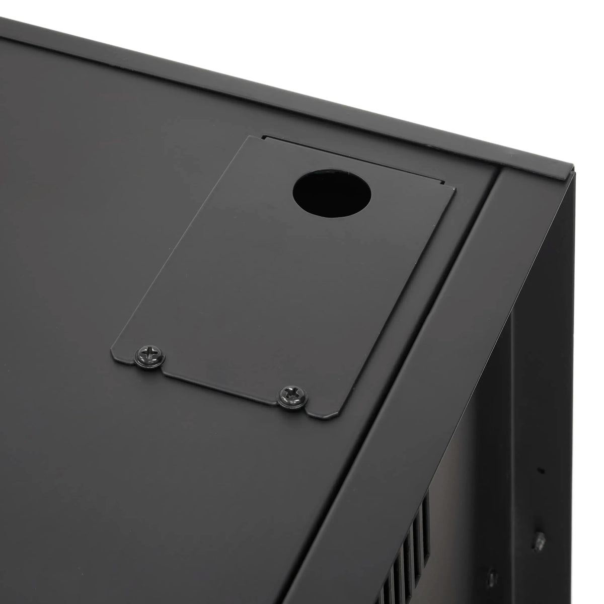 Black linear electric fireplace housing with top access plate and mounting screws