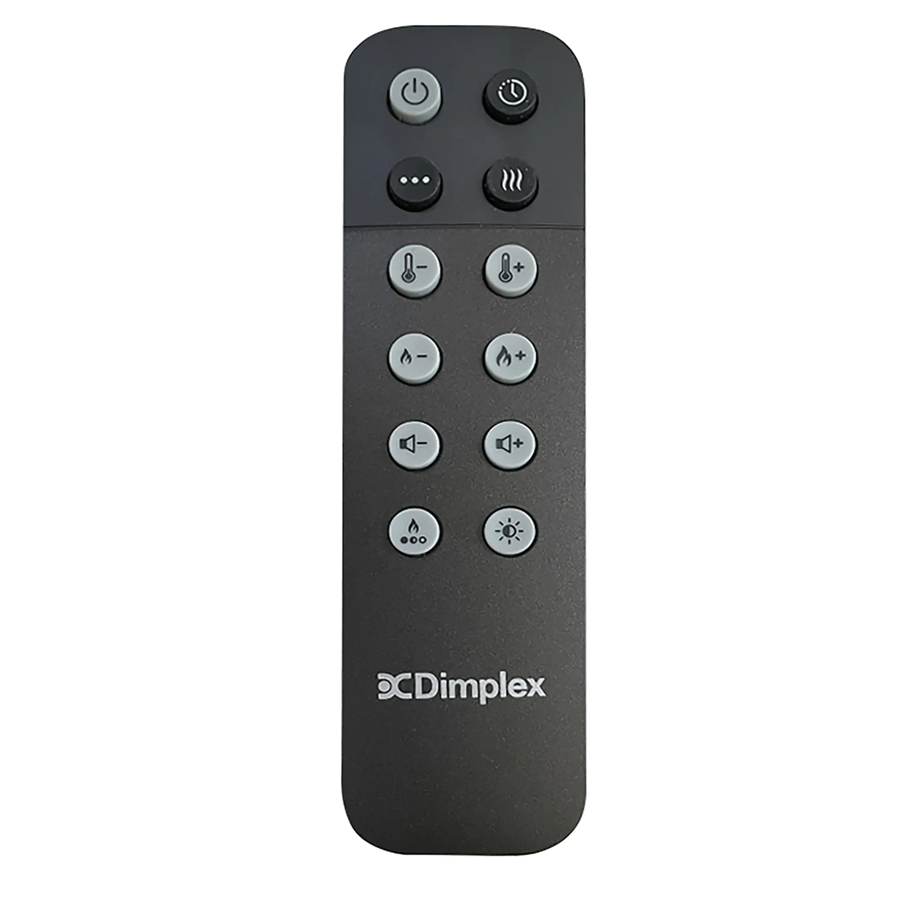 Black Dimplex remote control with round button icons and power/flame controls