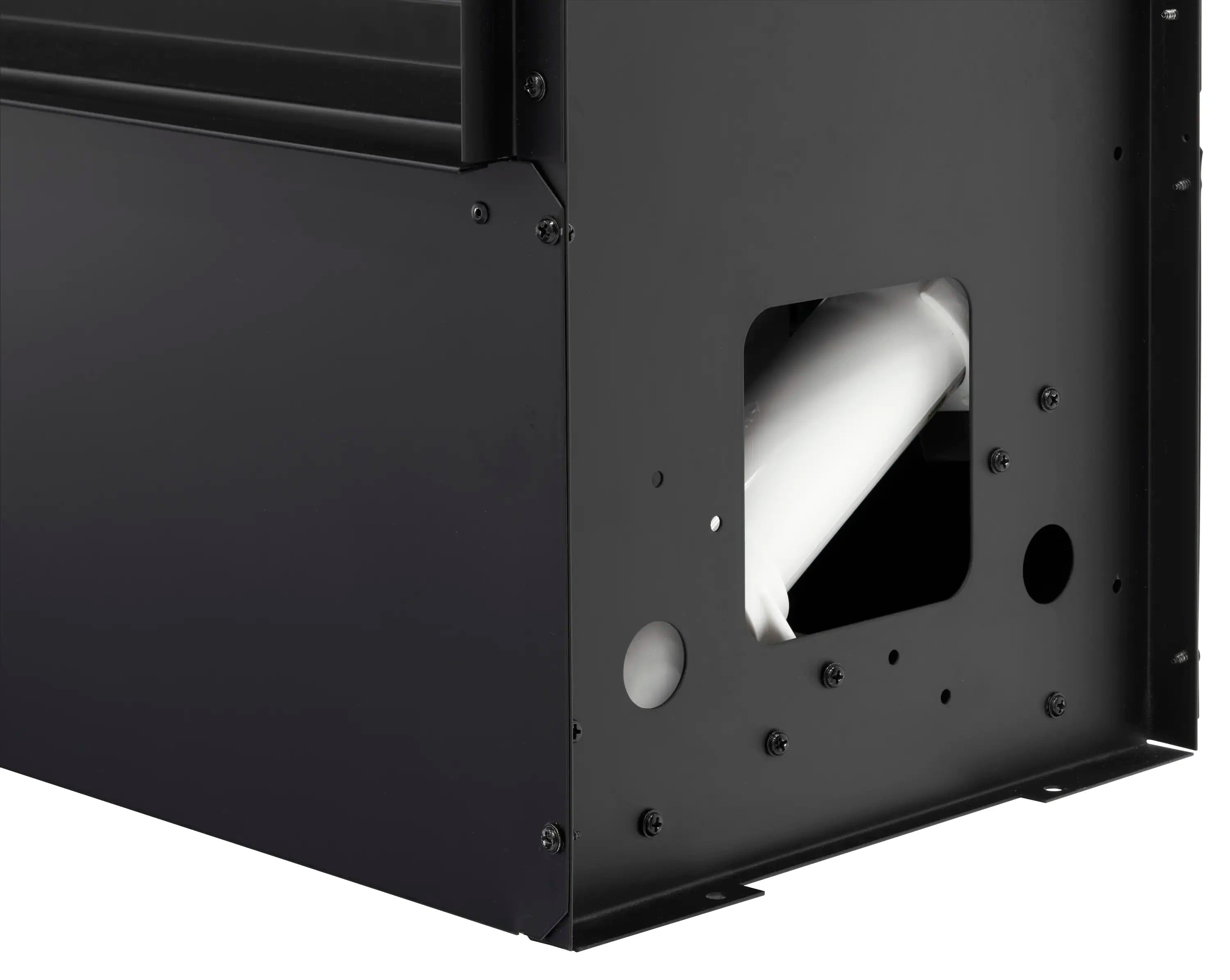 Black fireplace unit side panel with front vapor outlet opening and indicator cutouts