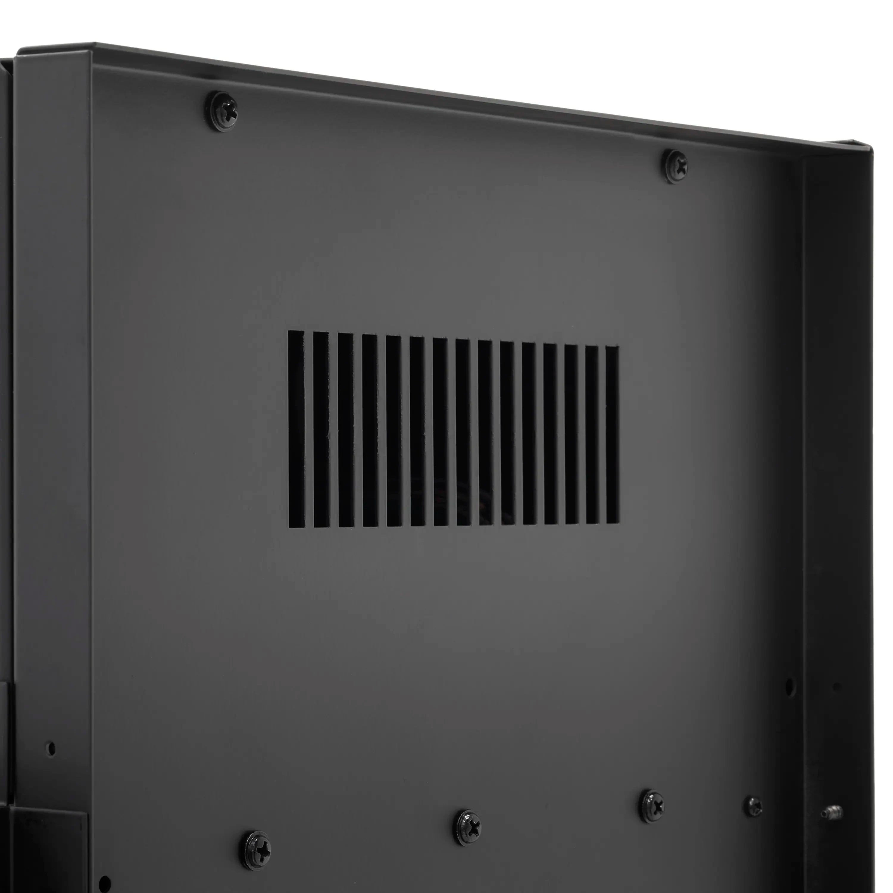 Black linear fireplace back panel with vertical vent grille and mounting screws