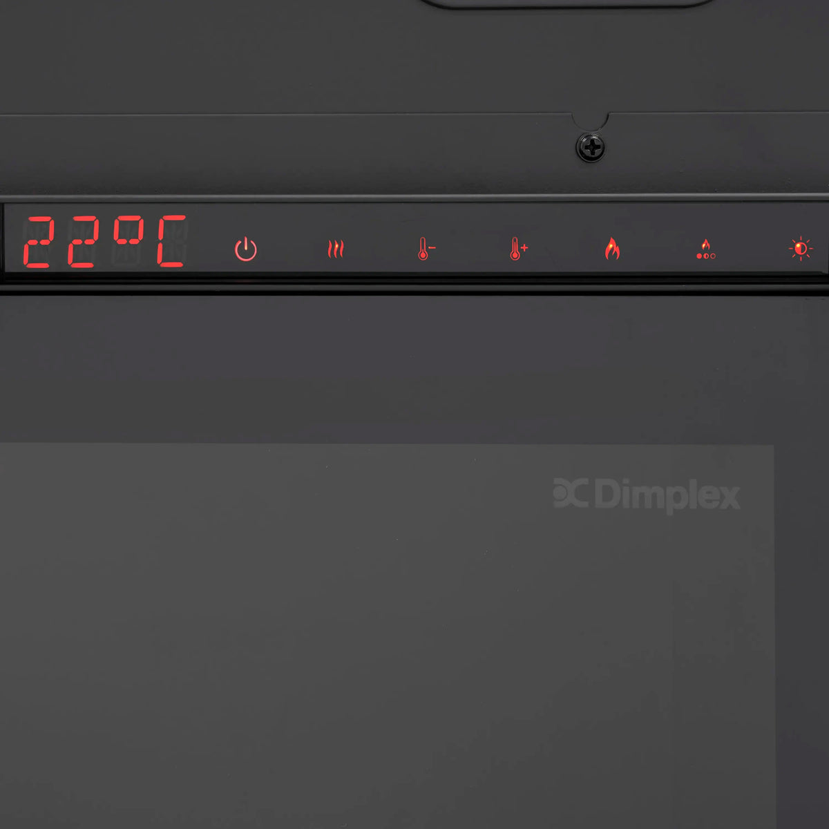 Black control panel with red LED display, power button, and flame level icons