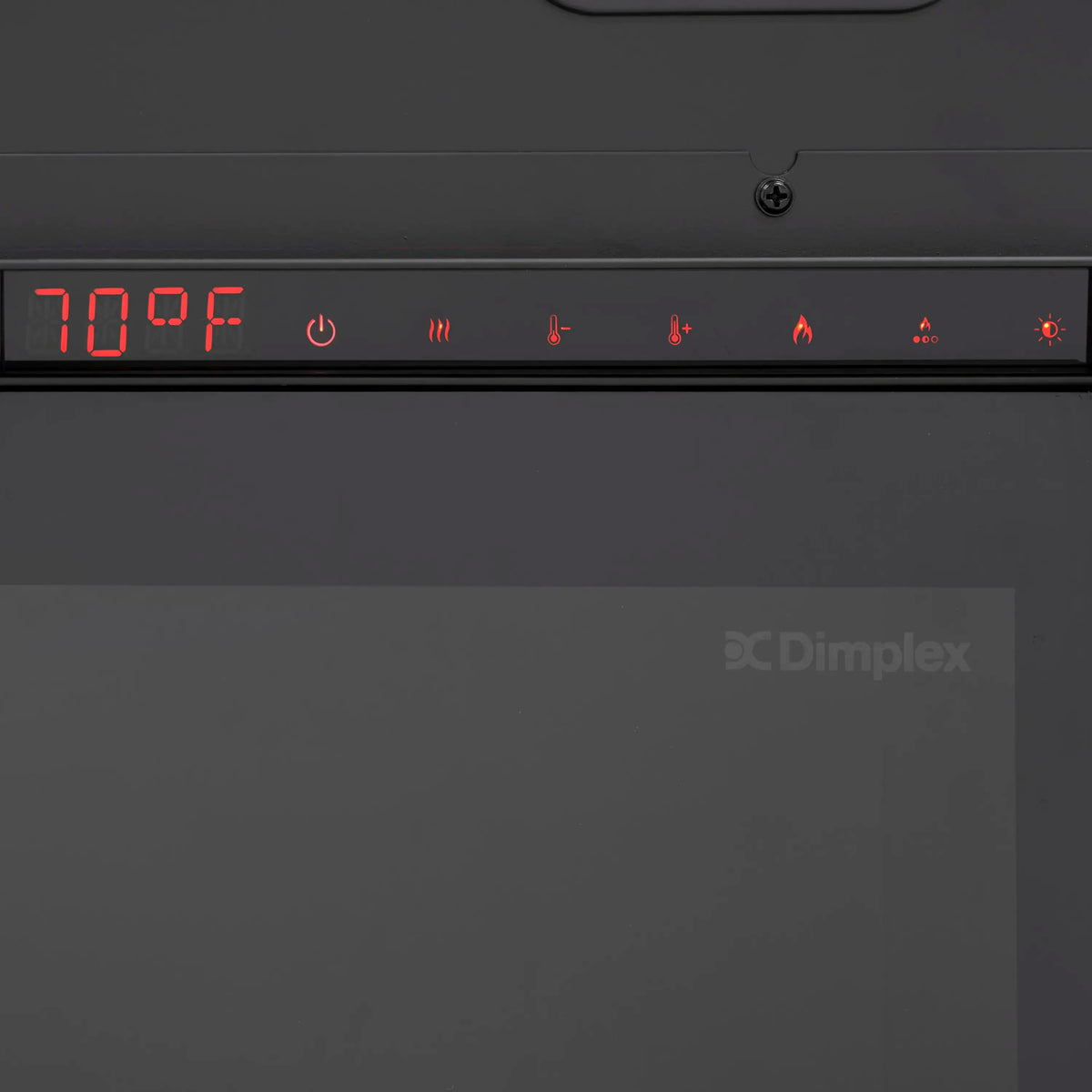 Black control panel with red LED temperature display and flame setting icons