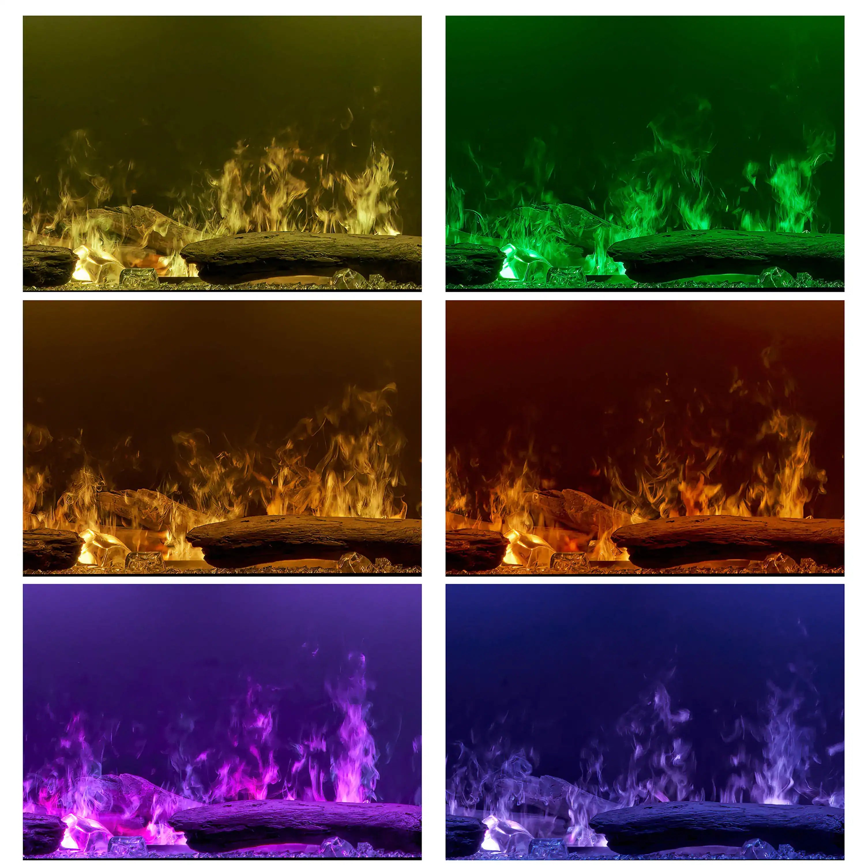 Colorful flame and water-vapor effect over dark logs with acrylic ice highlights