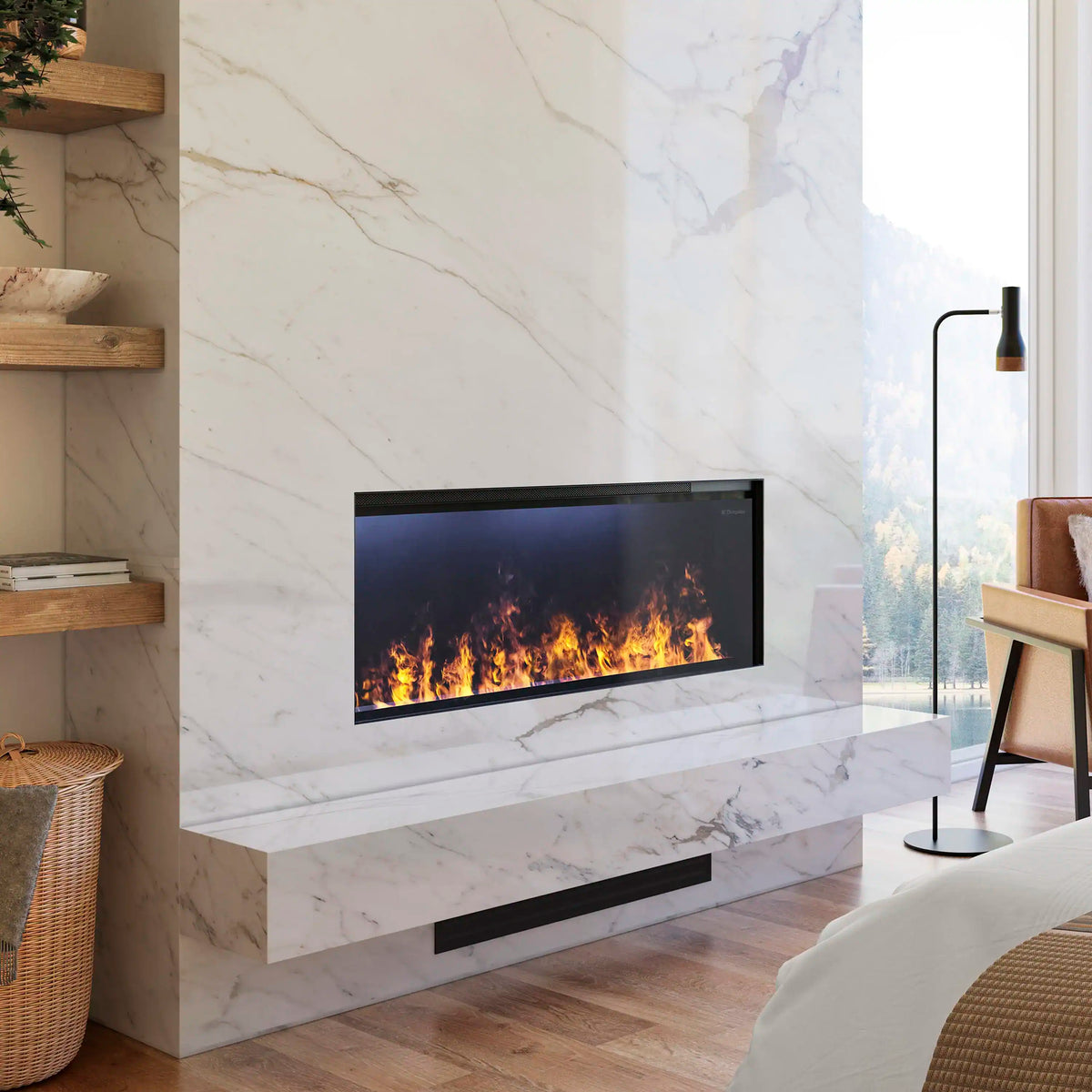 Black linear electric fireplace with glowing flames in a slim wall-mounted frame