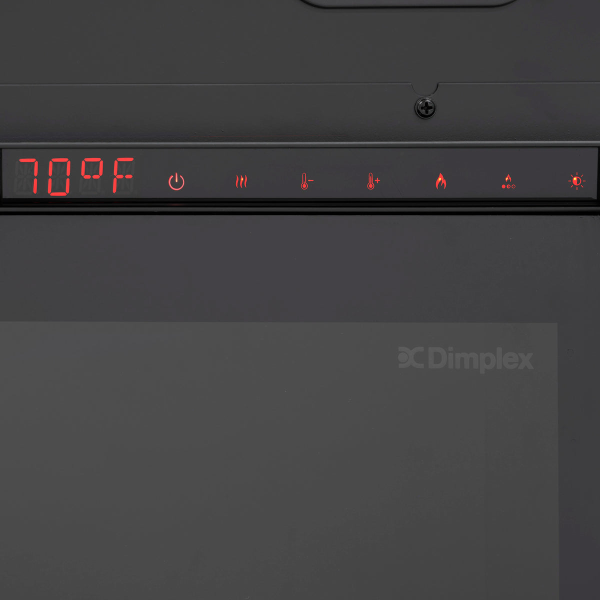 Linear water vapor fireplace control panel with red digital temperature and flame icons