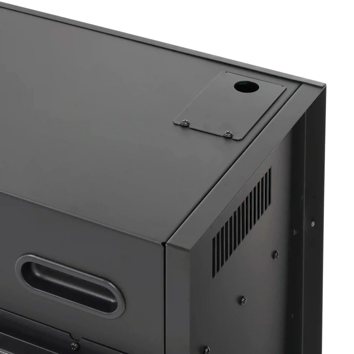 Linear water vapor fireplace side panel with air vent grille, recessed handle, matte black finish