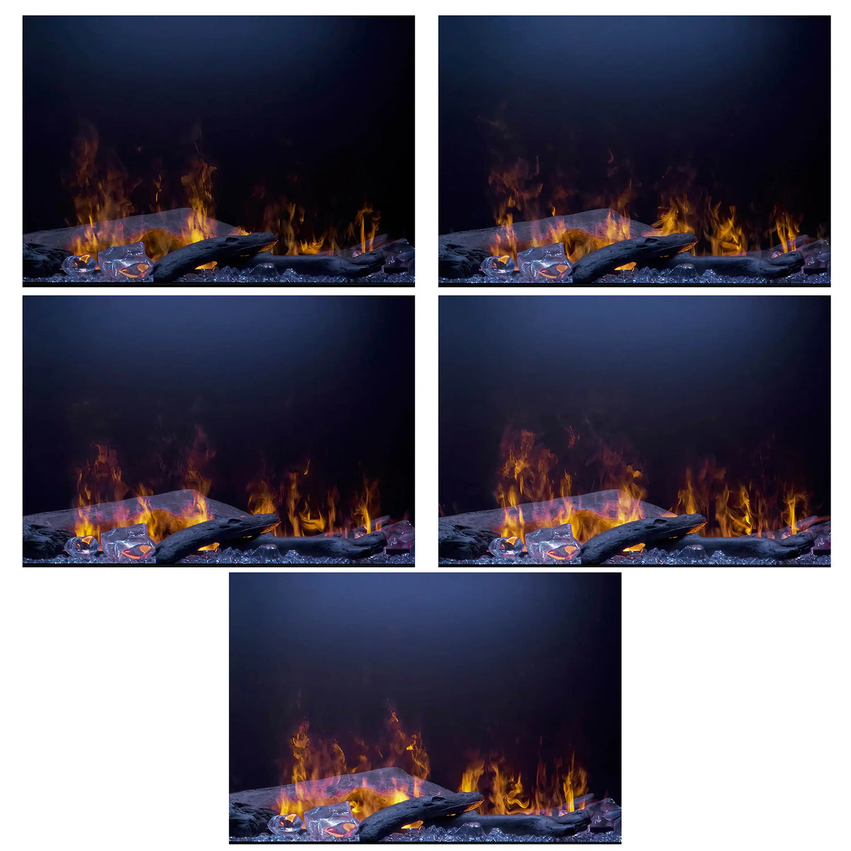 Linear water vapor fireplace flame display in warm orange tones from multiple angles