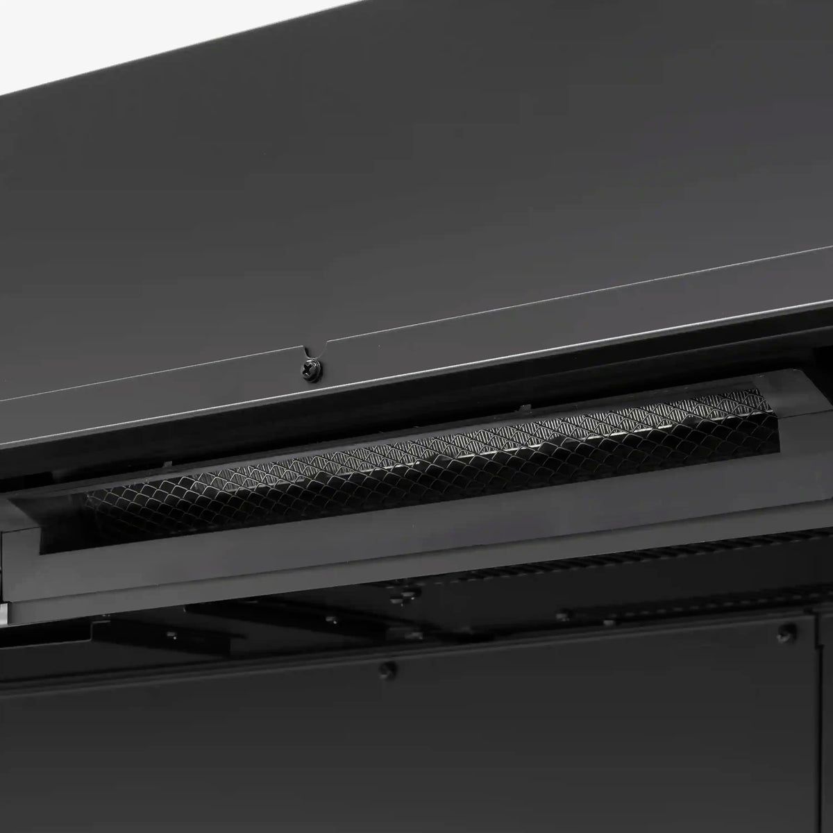 Linear water vapor fireplace top vent and control panel with mesh grille, matte black finish