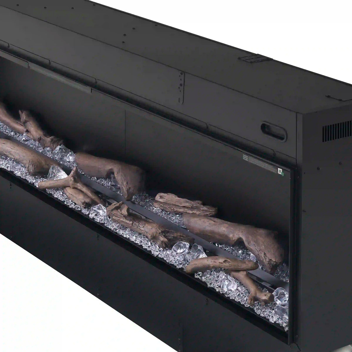 Linear water vapor fireplace interior with driftwood logs and clear acrylic ice