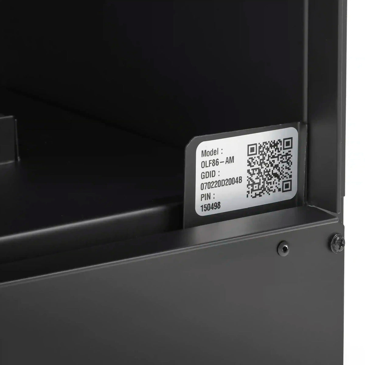 Linear water vapor fireplace model label with QR code on metal panel